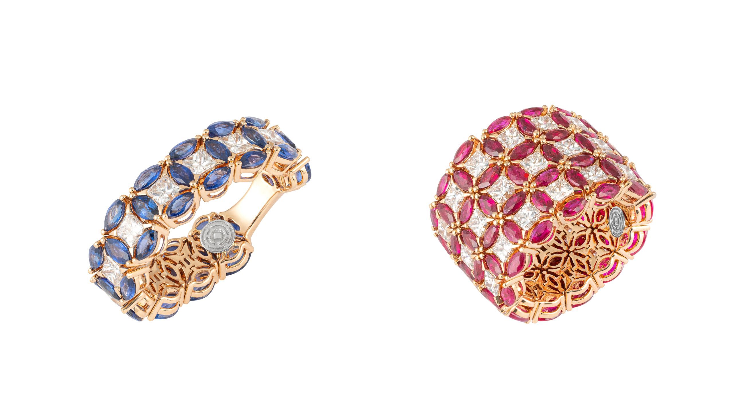 L’anello Diade Full Pavé con diamanti taglio princess uniti a zaffiri o rubini taglio marquise; Pisa Diamanti - Credits: Ufficio Stampa