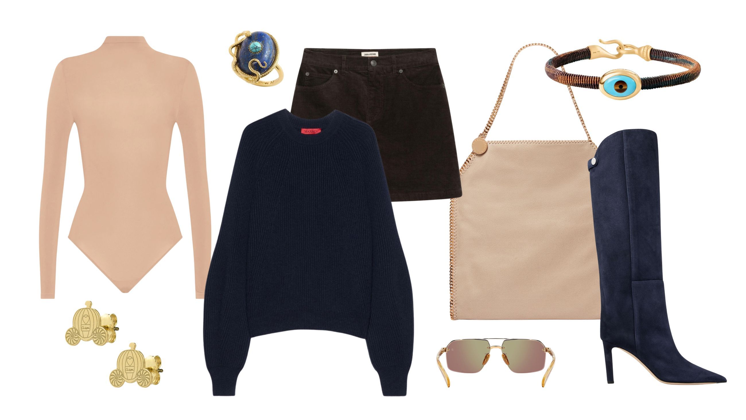 Maglione Max&Co., body Wolford, minigonna Zadig&Voltaire, stivali Jimmy Choo, borsa Stella McCartney, orecchini Rue des Mille, bracciale Ole Lynggard Copenhagen, anello Les Néréides, occhiali da sole Eyewear by David Beckham