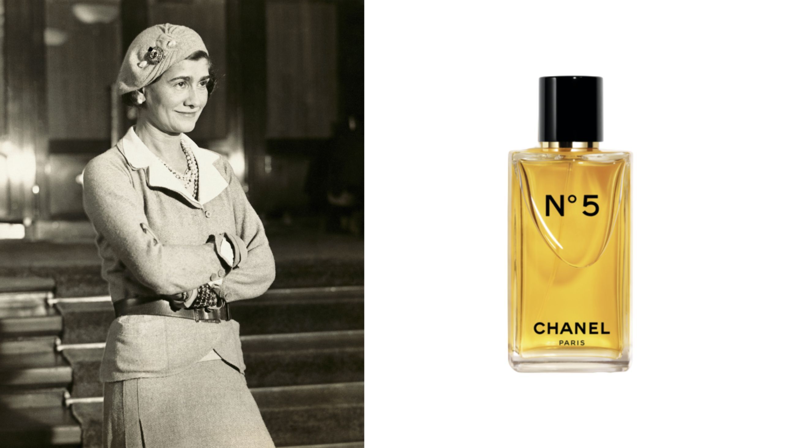 Coco Chanel - Credits Getty Images; a destra: Chanel, Nº5 - Courtesy Press Office