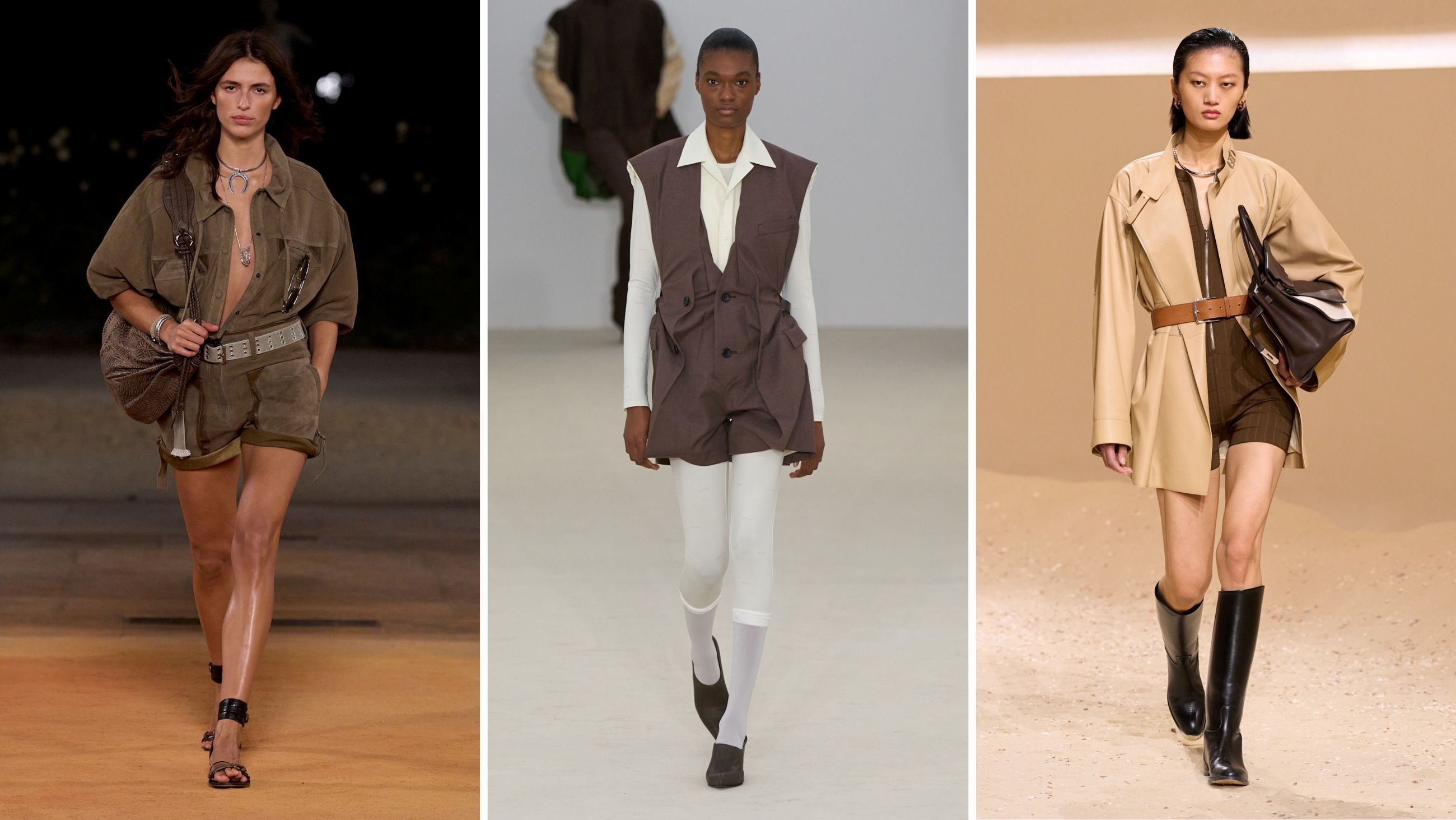 Dalle sfilate PE26: da sinistra Isabel Marant; Issey Miyake; Hermès - Credits: Launchmetrics.com/Spotlight