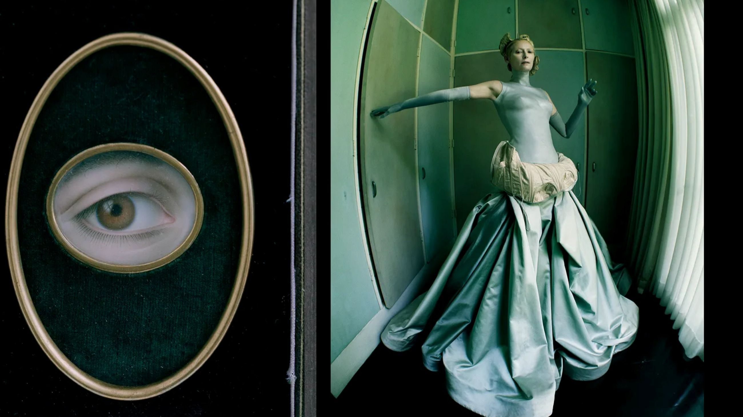 Joseph Sacco's Oeil de Jeune Femme, 1844; Tilda Swinton, Fashion Zac Posen, Francesco Scognamiglio and Gaspar Gloves, Houston, Texas, 2014