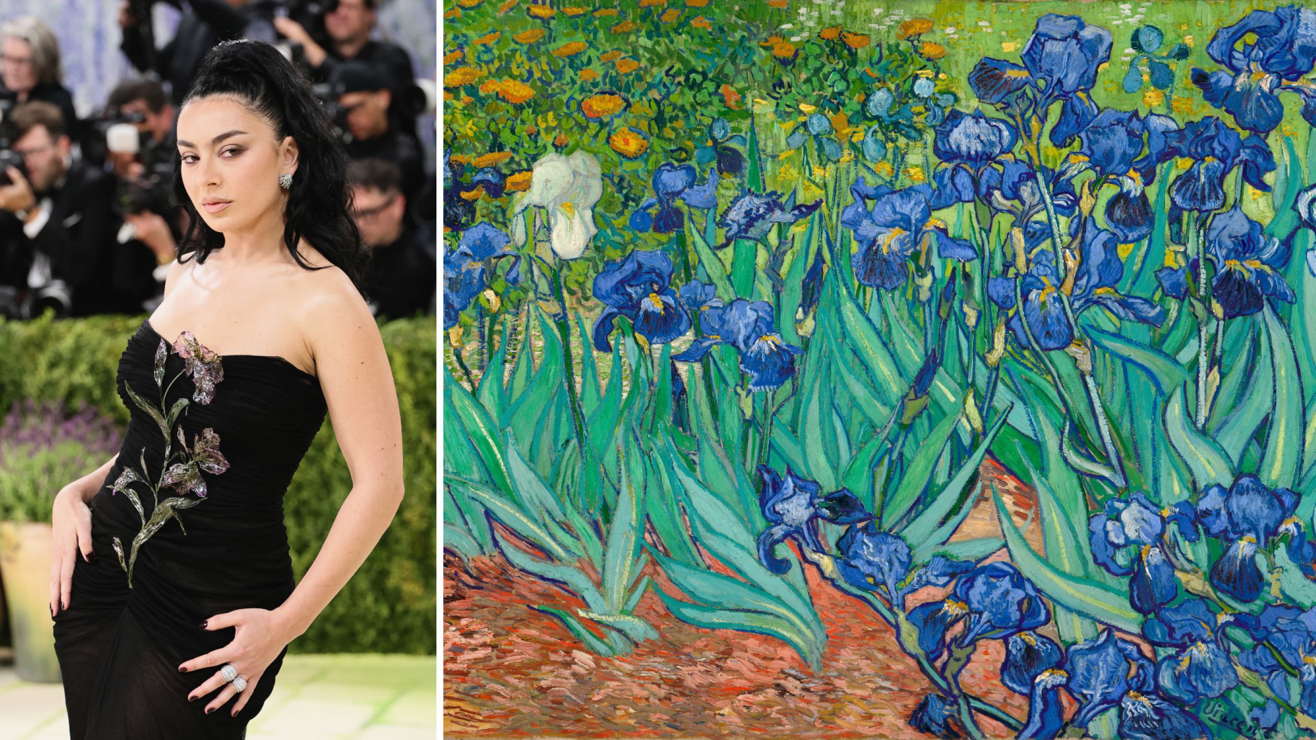 A sinistra: Charli XCX al Met Gala 2026 - Credits Getty Images; a destra: Iris di Vincent van Gogh, 1889