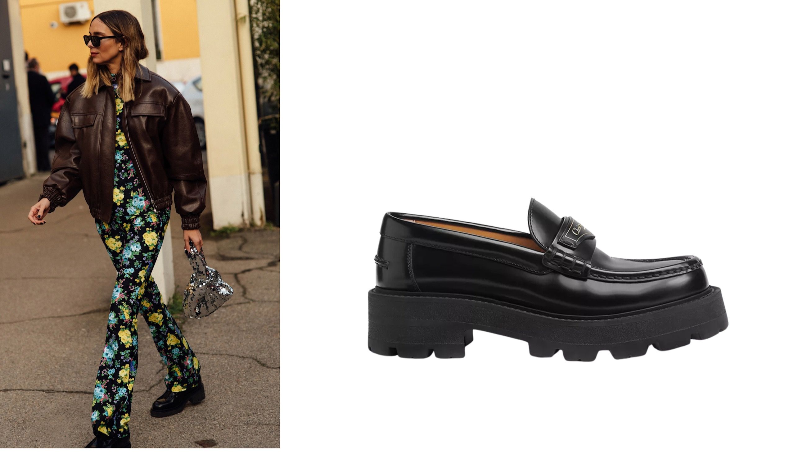Da sinistra: street style, credits Launchmetrics.com/Spotlight; mocassino con zeppa, Christian Dior