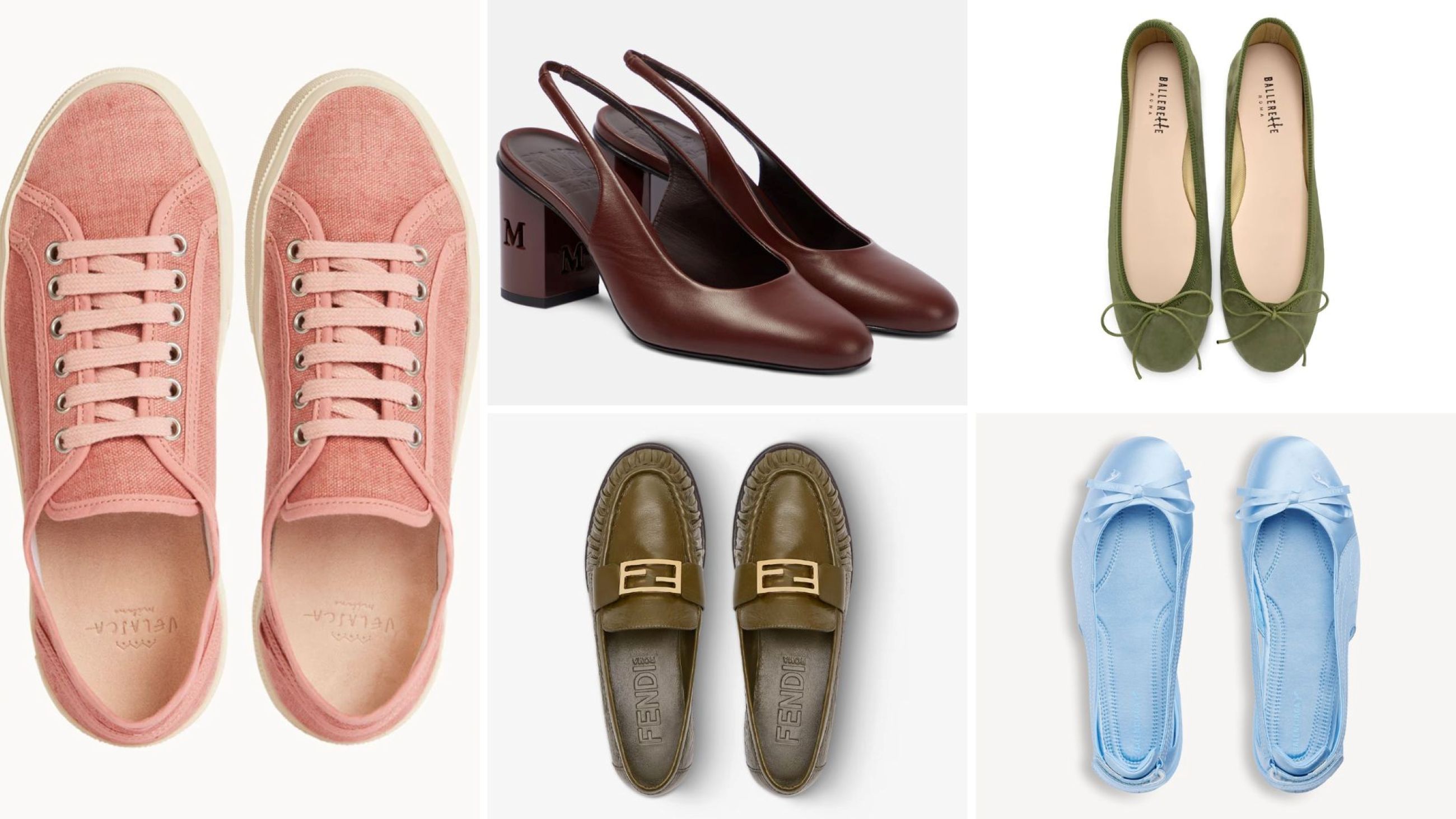 Sneakers di tela Velasca; Slingback Max Mara; Ballerine Ballerette; Mocassini Fendi; Sneakerina Balenciaga - Credits: Courtesy Press Office