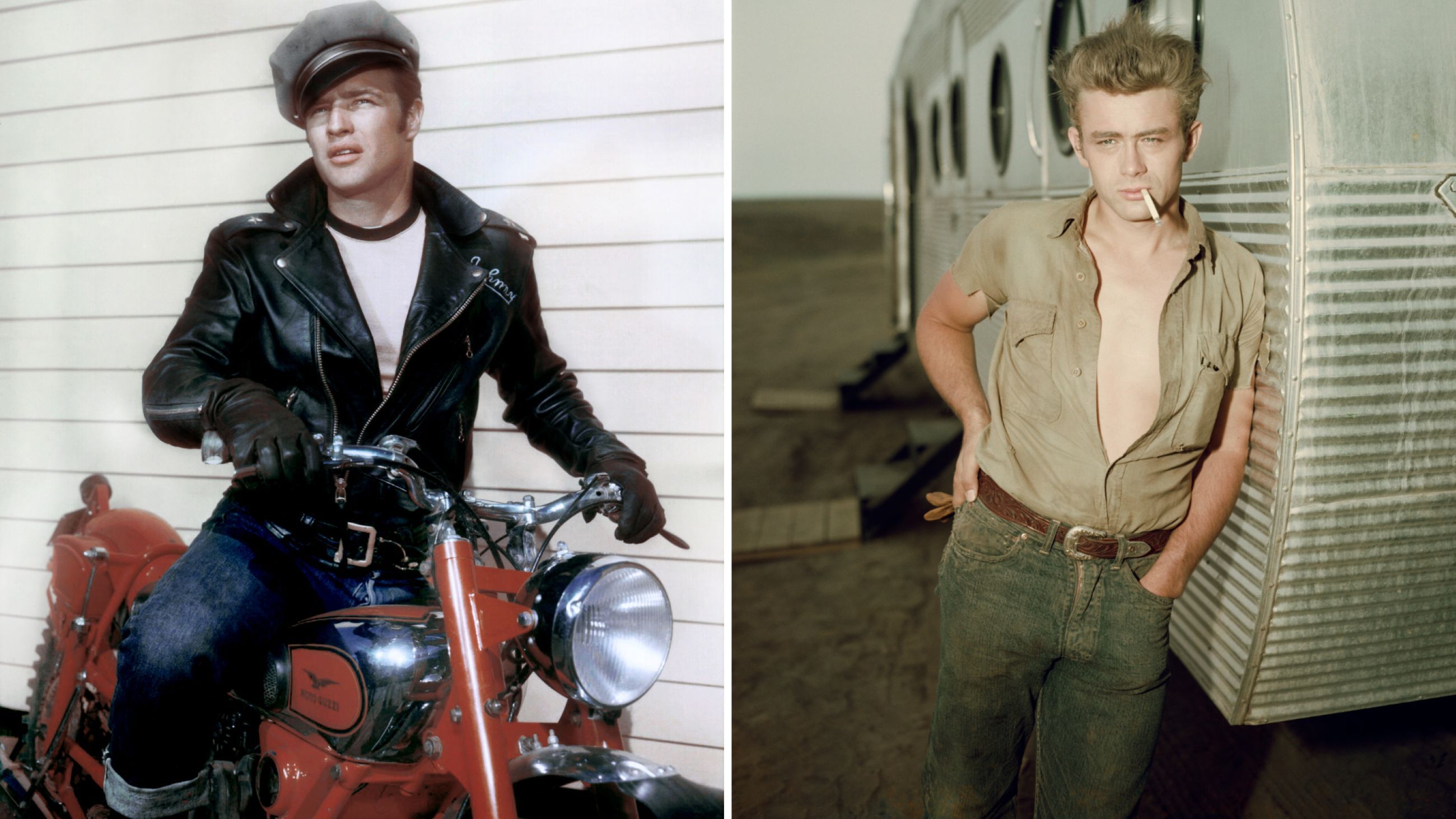 Marlon Brando ne "Il selvaggio" del 1953, e James Dean sul set di "Gioventù bruciata” nel 1955 - Credits Getty Images