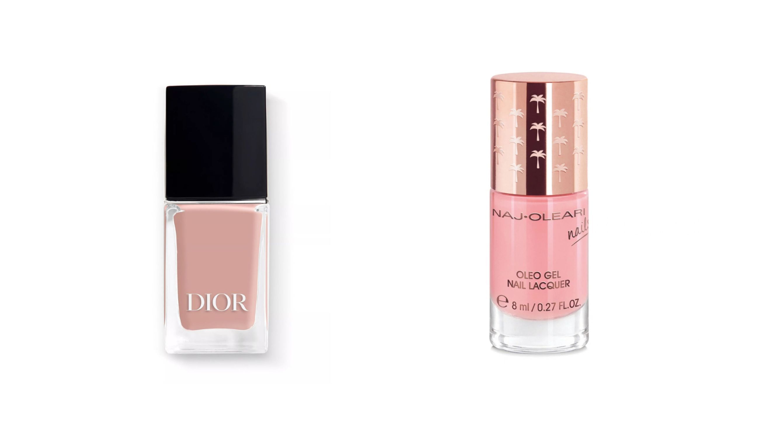 Da sinistra: Dior, Dior Vernis Gris Nude Look; Naj Oleari, Oleo Gel Nail Lacquer Rosa Ninfea - Courtesy Press Office