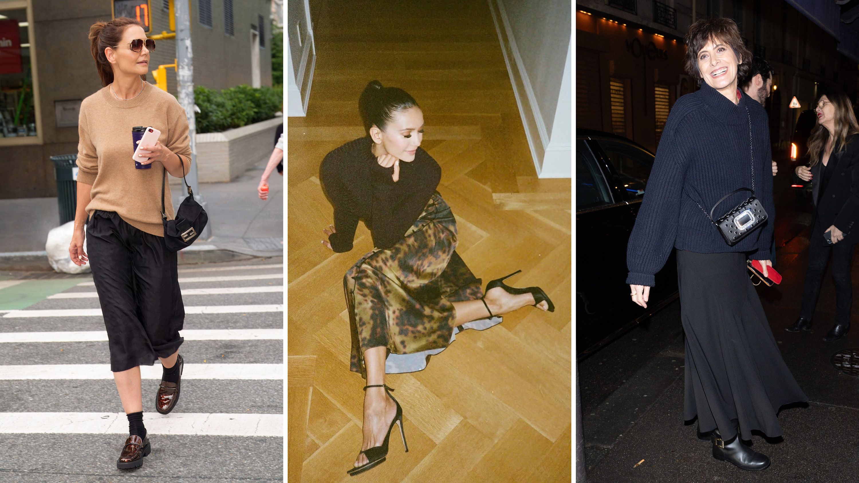 Da sinistra Katie Holmes, Nina Dobrev e Inès de la Fressange - Credits: immagini di Katie Holmes ed Inès de la Fressange, Getty; Immagine di Nina Dobrev, account Instagram di Nina Dobrev