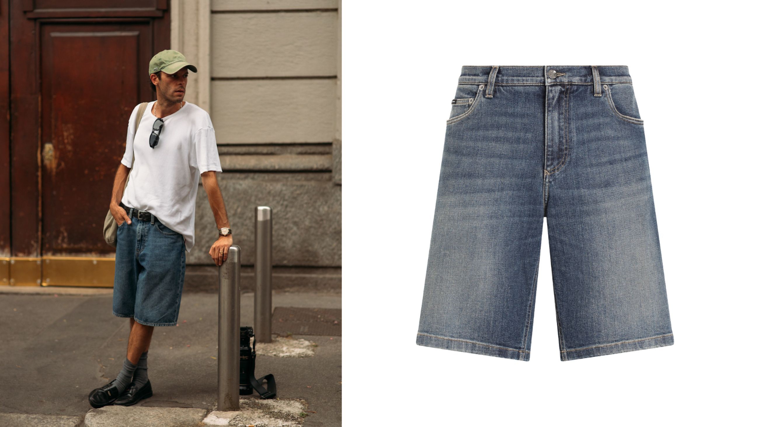 Da sinistra: Credits Launchmetrics.com/Spotlight; Jorts maschili con fondo tagliato a vivo, Dolce&Gabbana