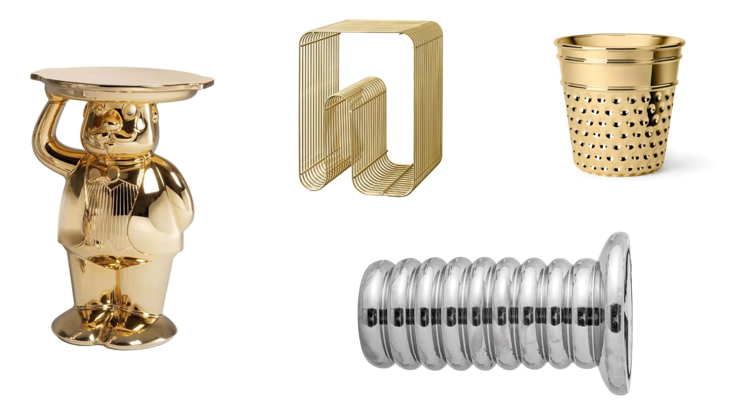 Tavolino Ambrogio design Favaretto & Partners per Slide; Curva Stool di AYTM; Here secchiello design Studio Job per Ghidini 1961; Tavolino Spike di Bloomingville - Credits: Courtesy Press Office