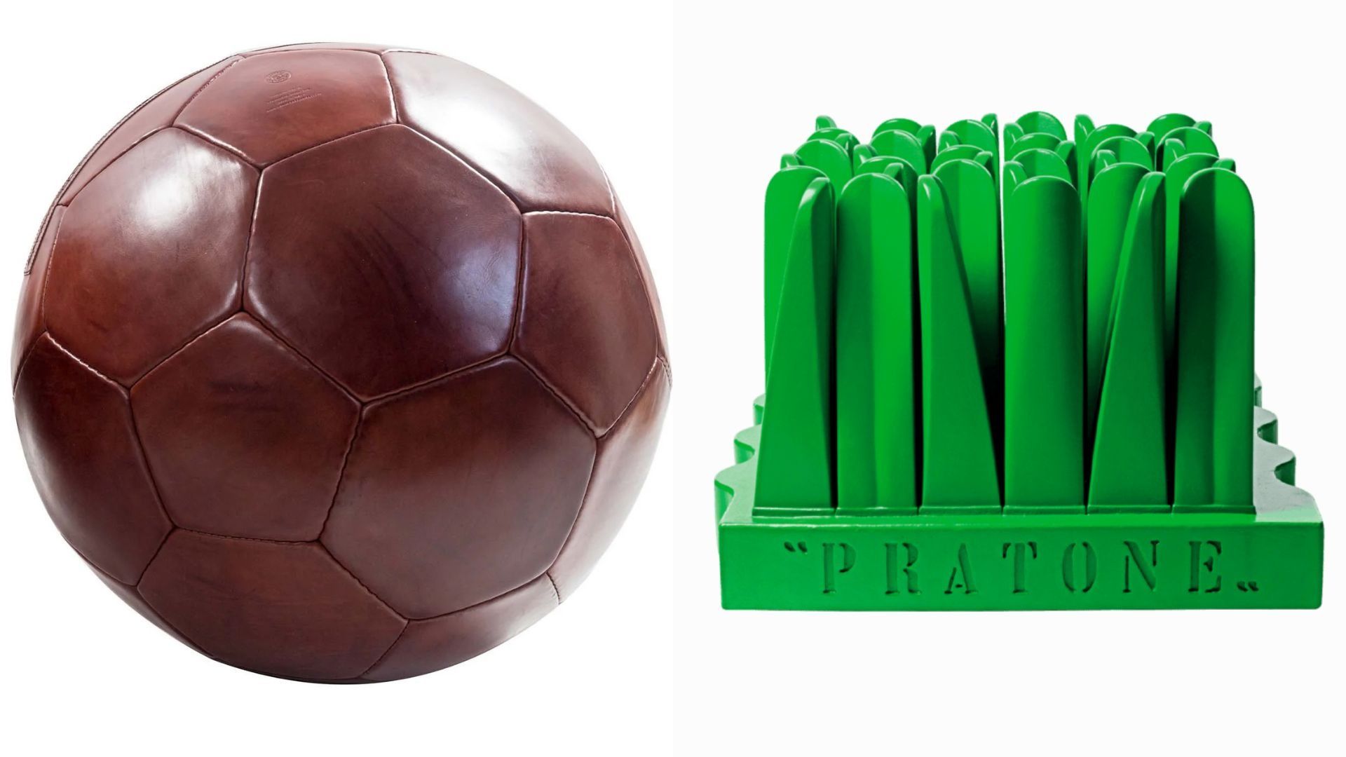  Bottega Conticelli, Pallone in pelle; Gufram, Pratone - Credits: Courtesy Bottega Conticelli; Courtesy Gufram
