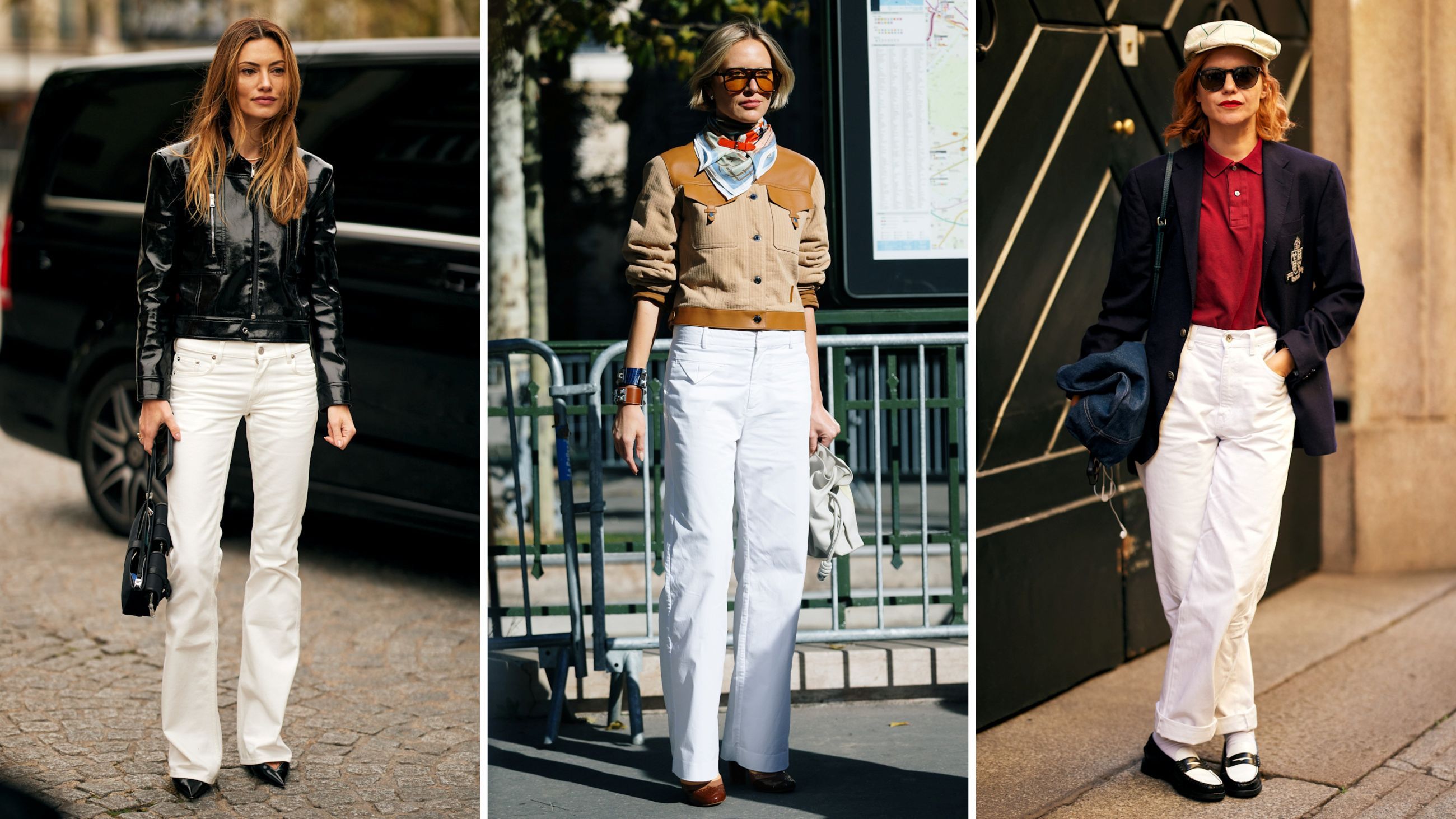 Immagini che catturano la moda che sfila per strada: da sinistra, look dallo street style di Parigi e Milano in cui i jeans bianchi sono protagonisti - Credits: Launchmetrics.com/Spotlight