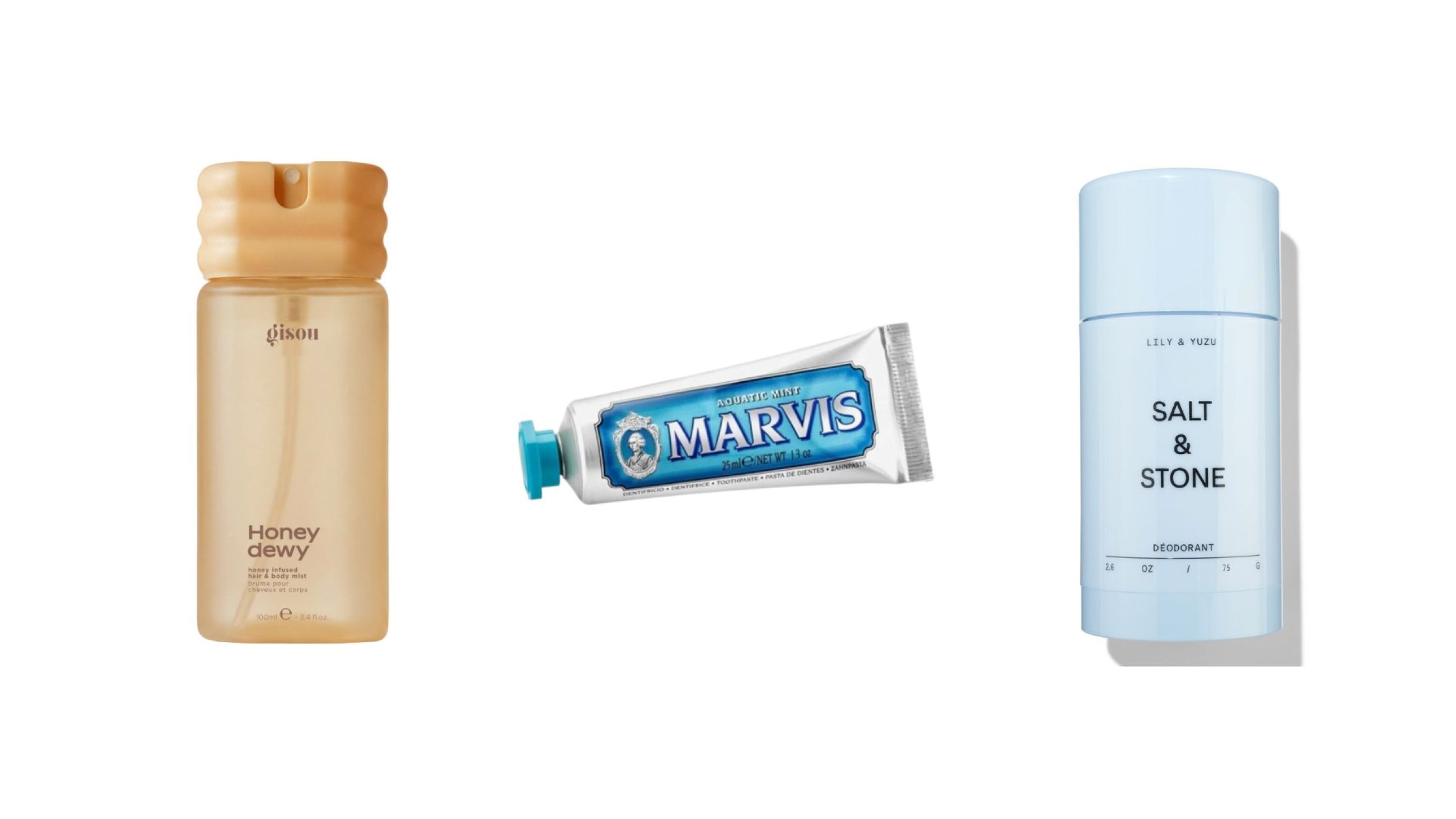 Salt & Stone, Deodorante Lily & Yuzu; Marvis, Dentifricio Aquatic Mint; Gisou, Hair & Body Mist, Honey - Credits: Courtesy Press Office