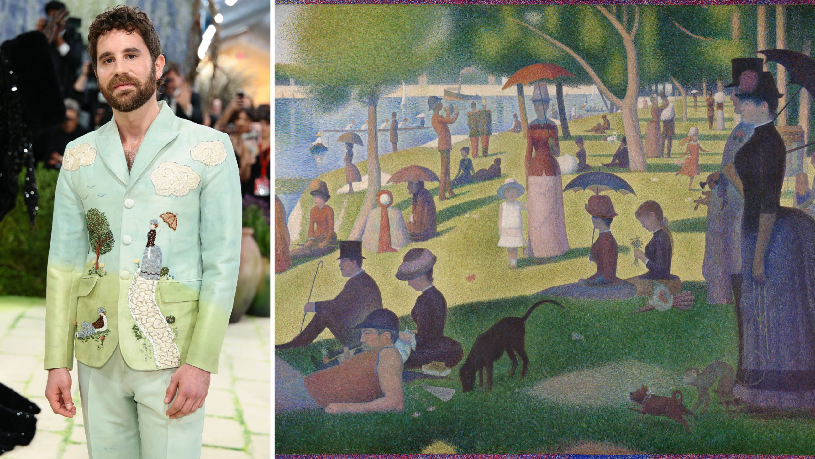 A sinistra: Ben Platt al Met Gala 2026 - Credits Getty Images; a destra: Una domenica pomeriggio all’isola della Grande-Jatte di Georges Seurat, 1886