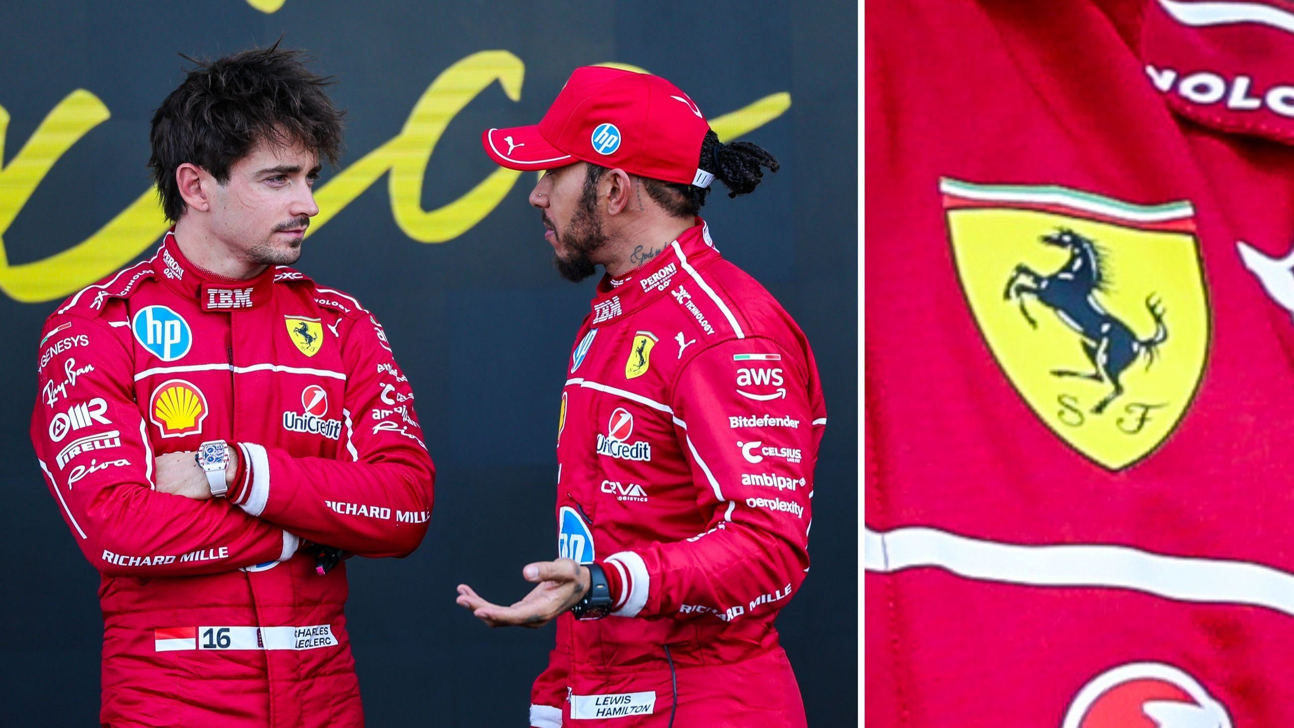 Charles Leclerc e Lewis Hamilton chiacchierano durante le qualifiche prima del Gran Premio di F1 del Messico all'Autodromo Hermanos Rodriguez; 25 ottobre 2025, Messico - Credits: Getty Images