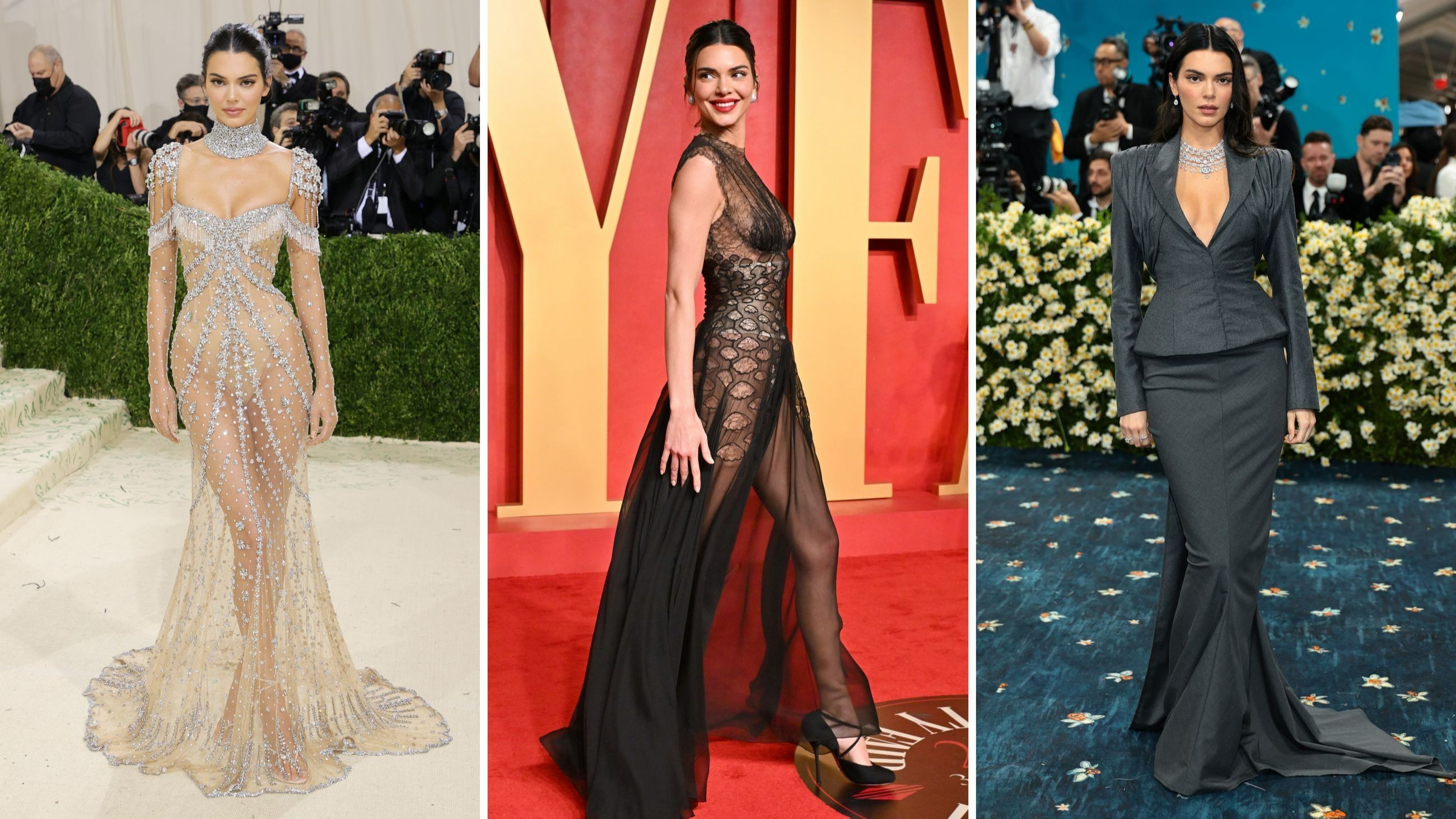 A sinistra, Kendall Jenner al Met Gala 2021, edizione intitolata “In America: a Lexicon of Fashion”; al centro, la modella al Vanity Fair Oscar Party nel 2024; a destra, la top model al Met Gala 2025, a tema "Superfine: Tailoring Black Style"; Metropolitan Museum of Art, New York City - Credits: Getty Images
