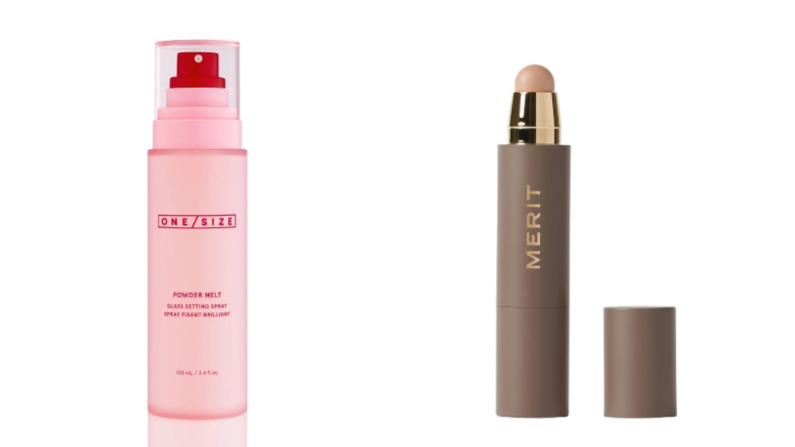 Da sinistra: One Size, Powder Melt Glass Setting Spray; MERIT Beauty, The Minimalist - Courtesy Press Office