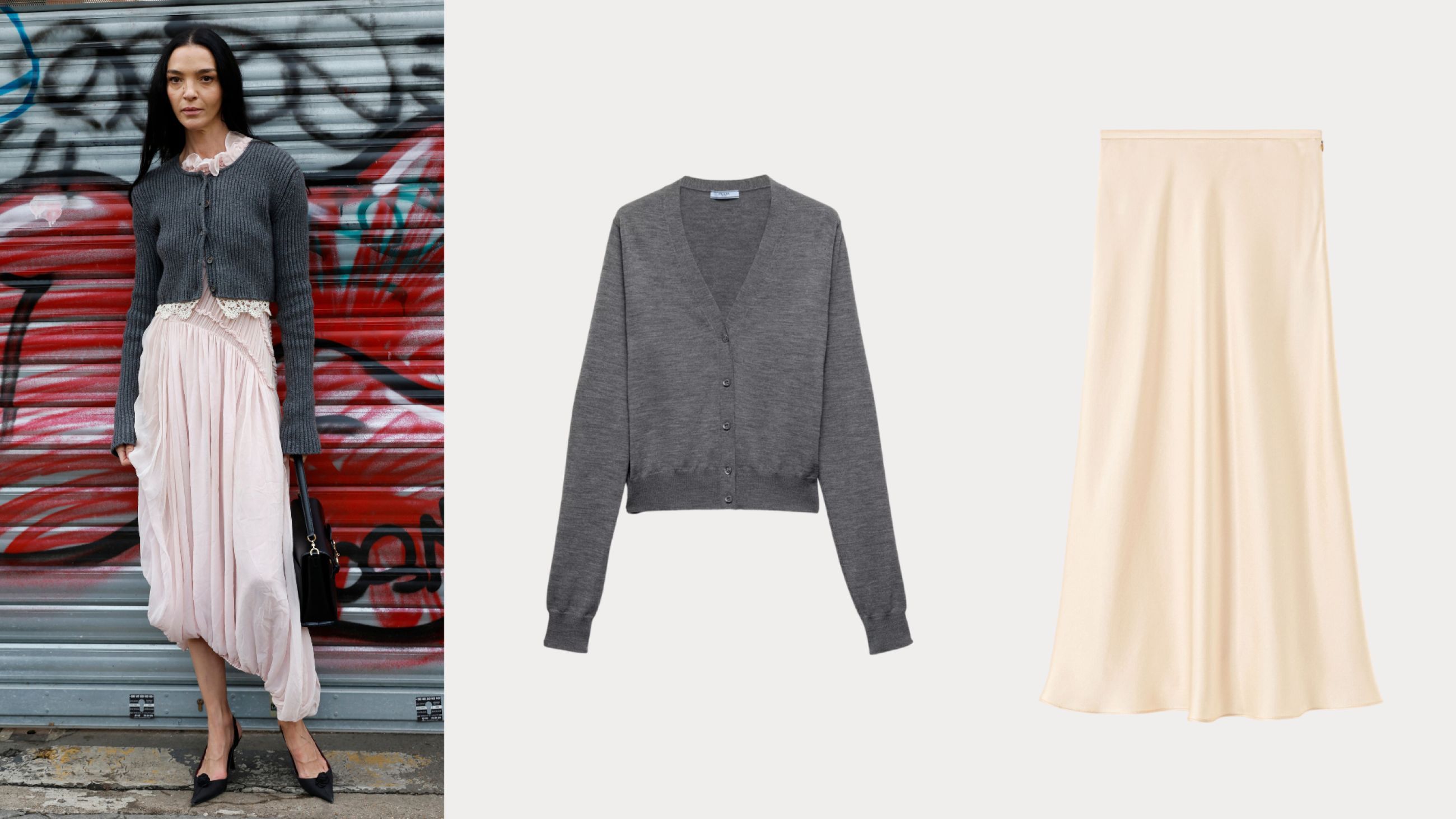 Da sinistra: Credits Getty Images; Cardigan Prada, Gonna Loro Piana