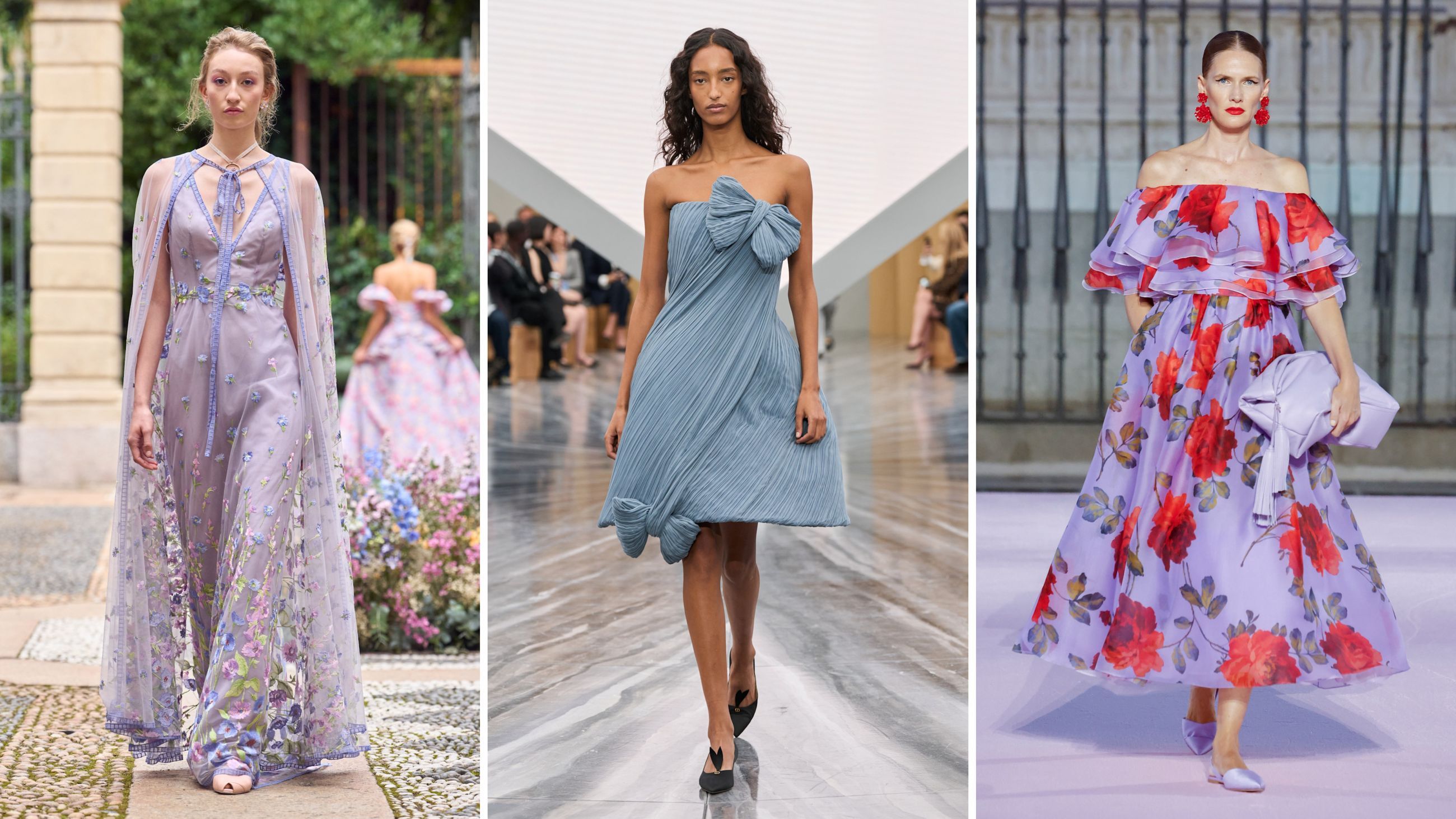 Abiti fatati e creazioni con gonne al ginocchio o longuette sono ideali per vivere festeggiamenti immersi in giardini da favola. Dalle passerelle PE26: da sinistra, mise Luisa Beccaria; Christian Dior; Carolina Herrera - Credits: Launchmetrics.com/Spotlight