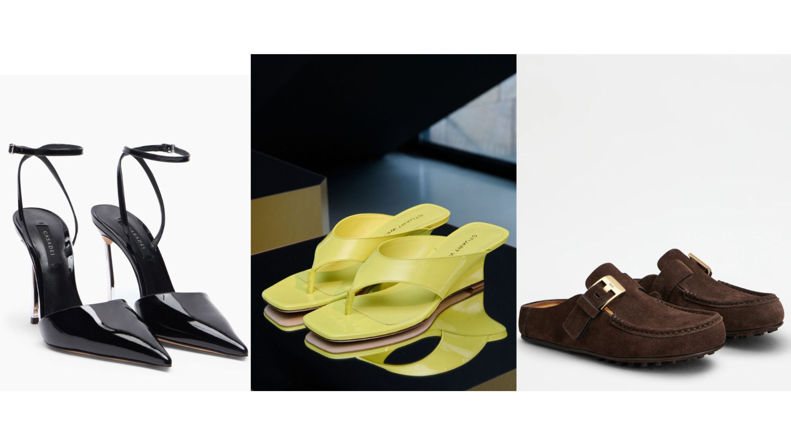 Da sinistra: Casadei - Courtesy Press Office; Stuart Weitzman - Credits Launchmetric.com/Spotlight; Tod’s - Courtesy Press Office SS26 