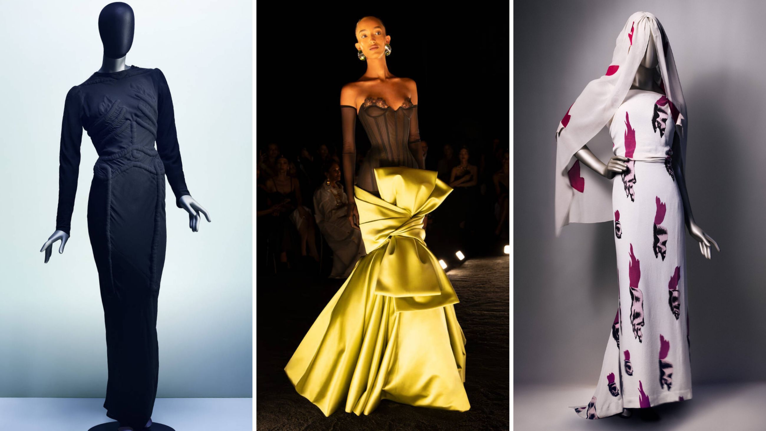 Da sinistra: Abito Scheletro, disegnato da Elsa Schiaparelli e Salvador Dalí, 1938. V&A © 2025 Salvador Dali, Fundació Gala-Salvador Dalí, DACS; Schiaparelli Haute Couture FW 2024, Photo © Giovanni Giannoni. Photo courtesy Patrimoine Schiaparelli, Paris; Abito Lacrime con velo, disegnato da Elsa Schiaparelli e Salvador Dalí, estate 1938, Photograph © Emil Larsson