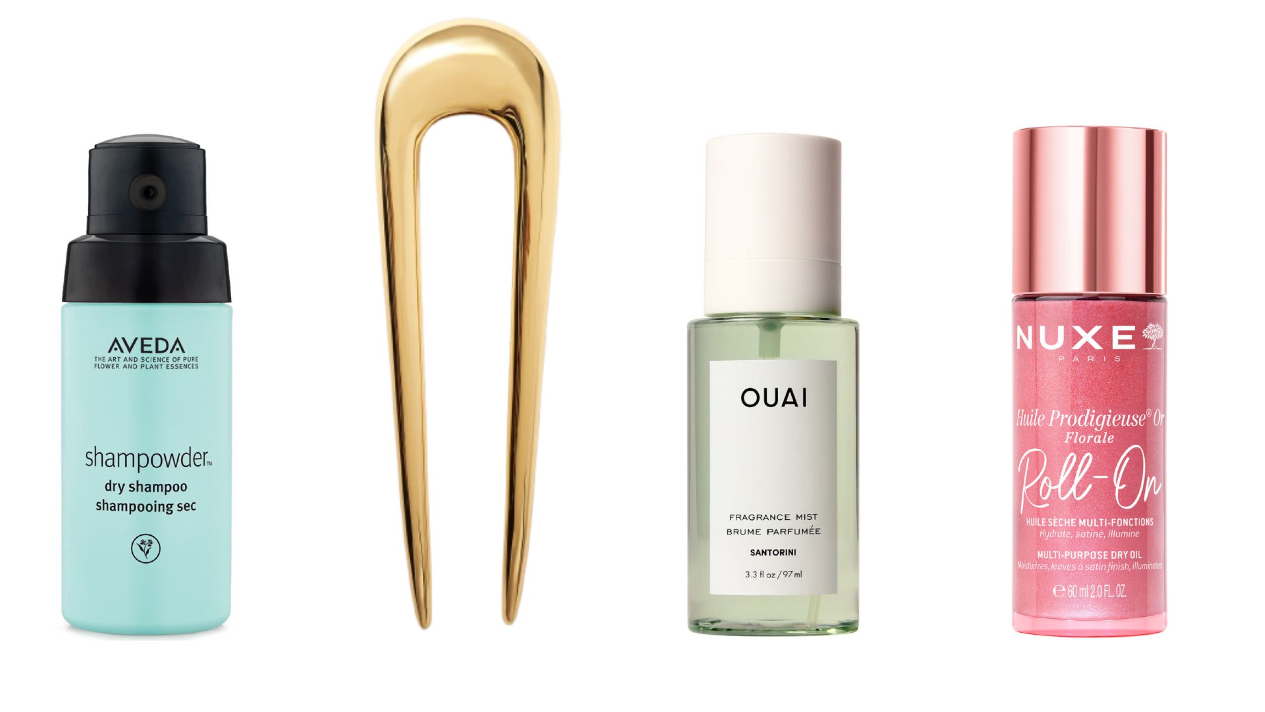 Da sinistra: Aveda, Shampowder Dry Shampoo; Lié Studio, Frida Hair Pin; The Ouai, Santorini Fragrance Mist; Nuxe, Huile Prodigieuse Roll-On - Courtesy Press Office