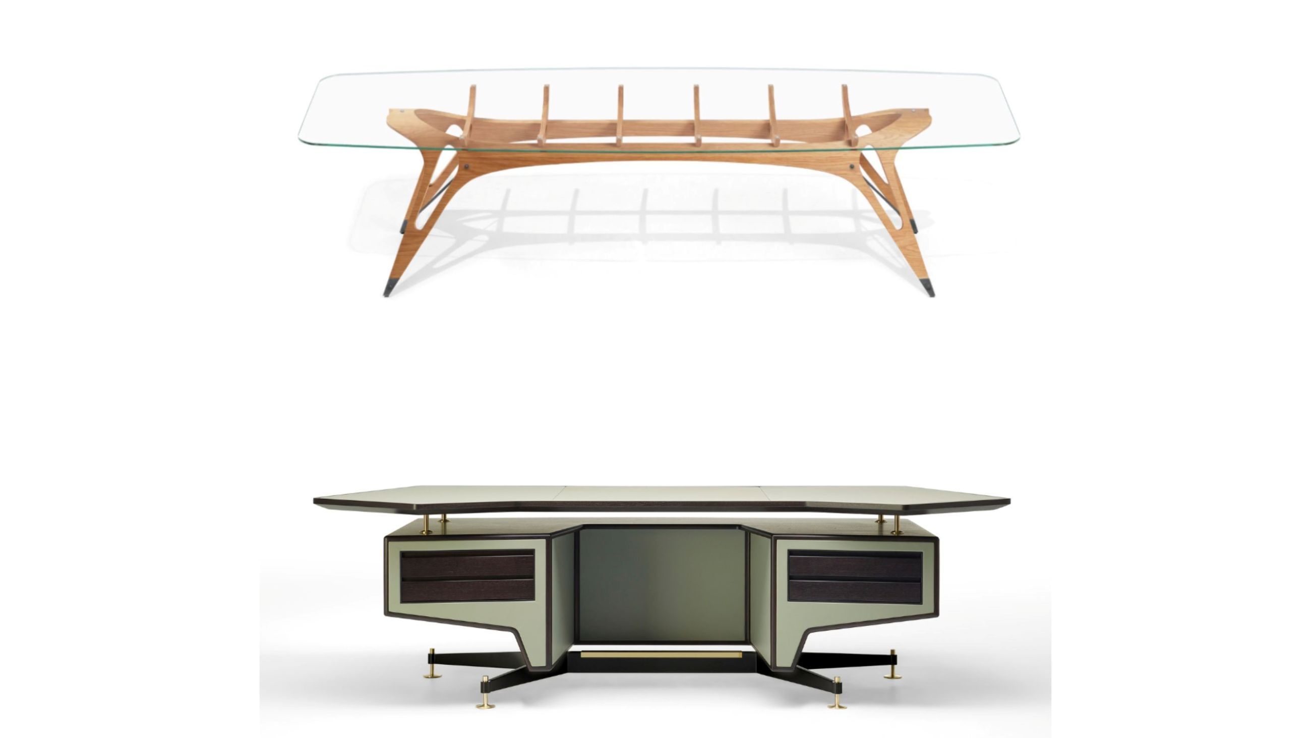 Dall’alto: Vertebra Table, Carlo Mollino, Zanotta - Courtesy con Zanotta; 604 Desk, Mario Gottard, Ceccotti Collezioni - Courtesy Ceccotti 