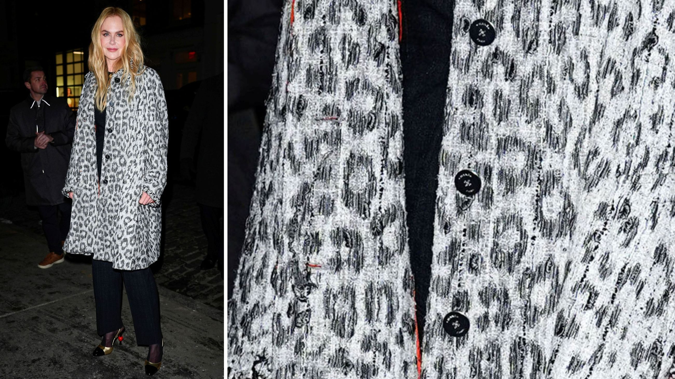 L’attrice Nicole Kidman sorride sfoggiando un look nero avvolto da un capottino maculato che gioca sulle tonalità del grigio e del nero; New York City, 2 marzo 2026 - Credits: Getty Images