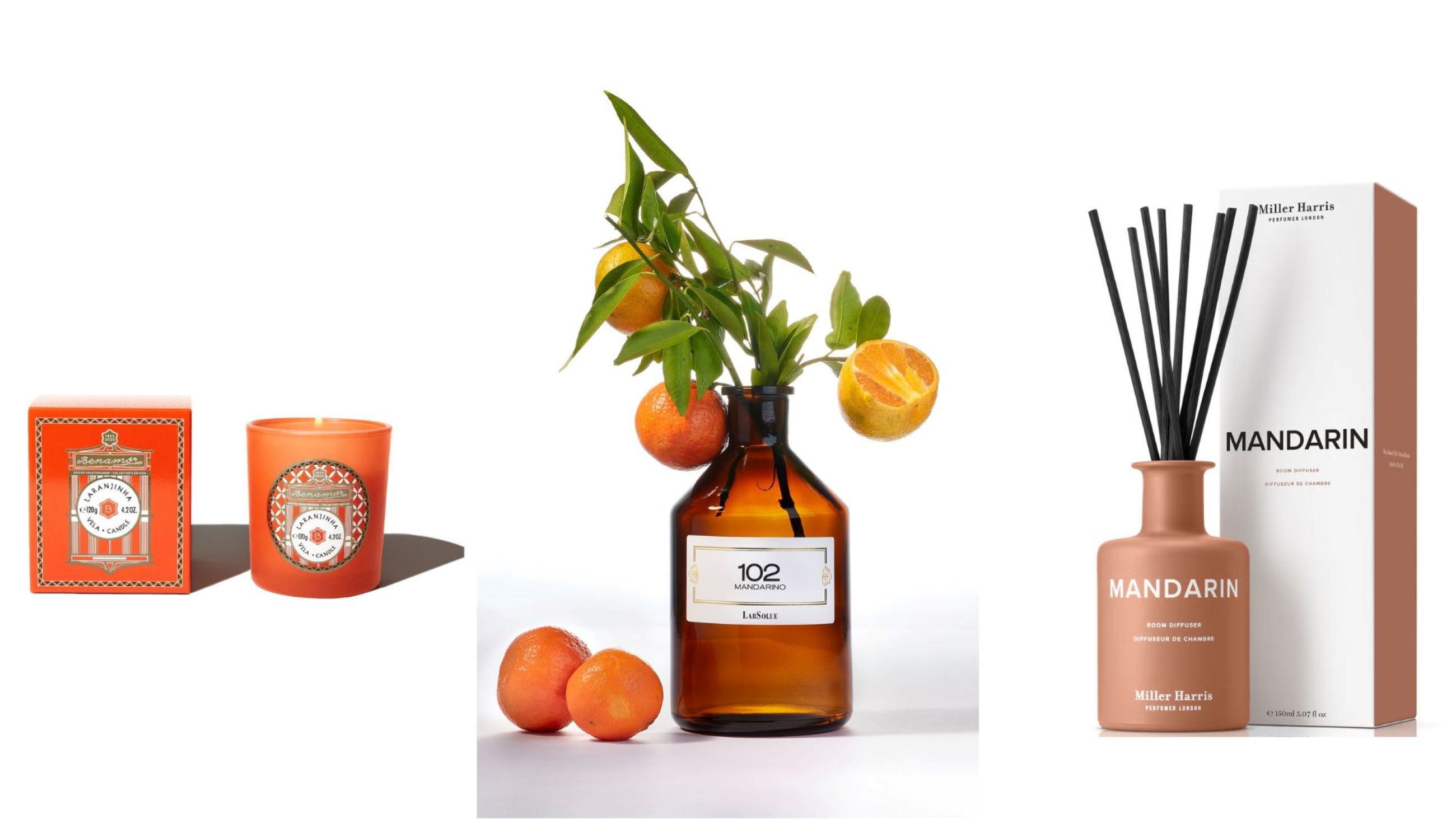 Da sinistra: Benamor, Laranjihna; LabSolue, Home Perfume 102 Mandarino; Miller Harris, Mandarin Diffusore - Courtesy Press Office