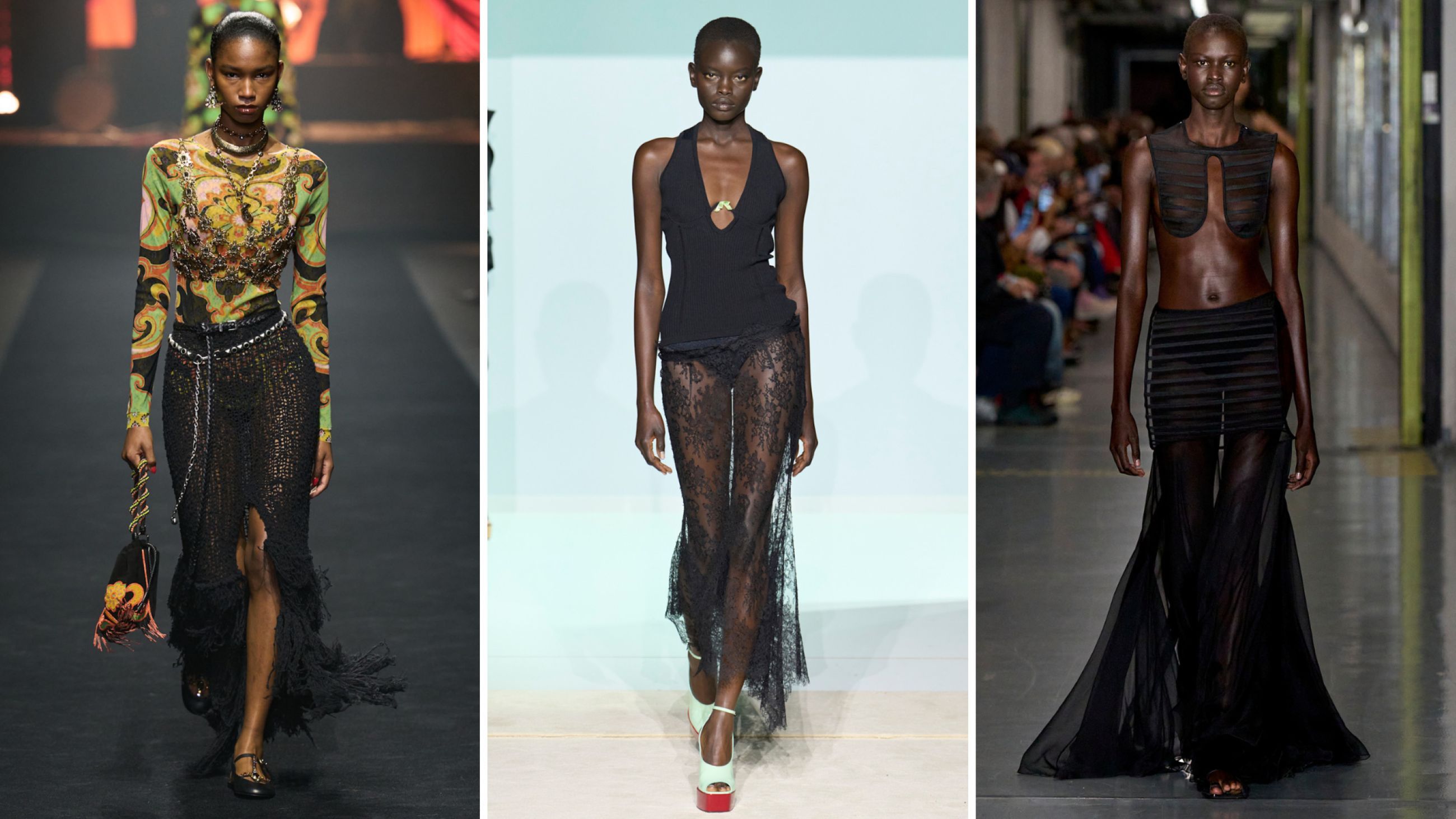 Da sinistra: Etro S26; Attico S26; Gaultier S26 - Credits Launchmetrics