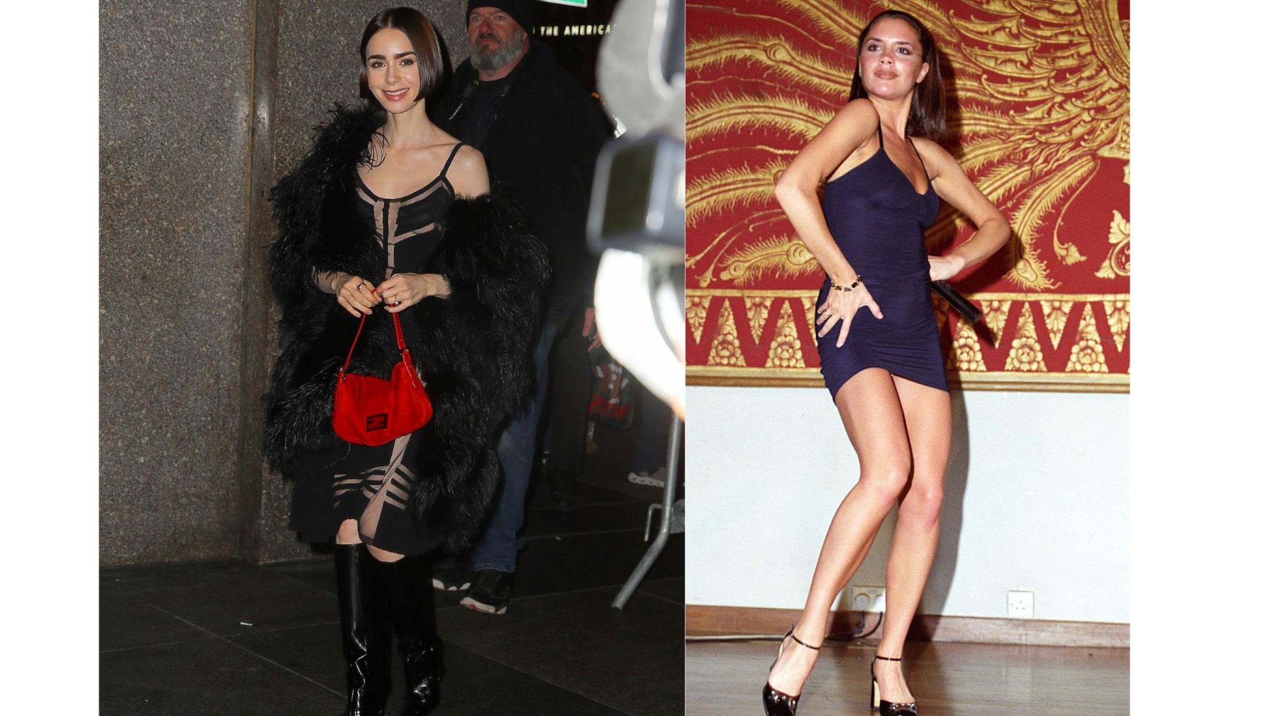 A sinistra Lily Collins ospite al Tonight Show Starring di Jimmy Fallon, a destra Victoria Beckham - Credits Getty Images