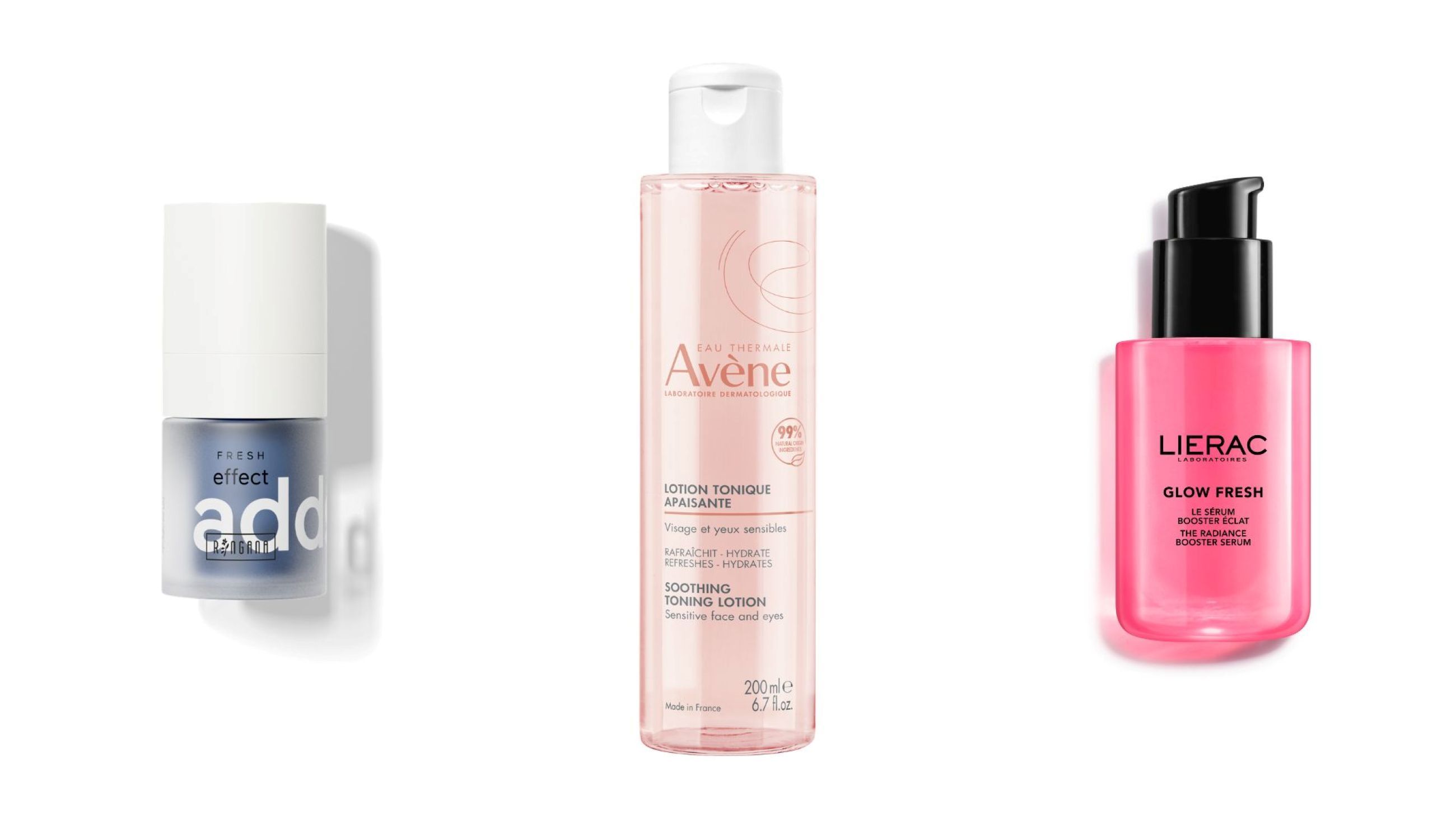 Ringana, Add Fresh Effect; Avène, Lozione Tonica Lenitiva; Lierac, Glow Fresh Serum Booster - Credits: Courtesy Press Office