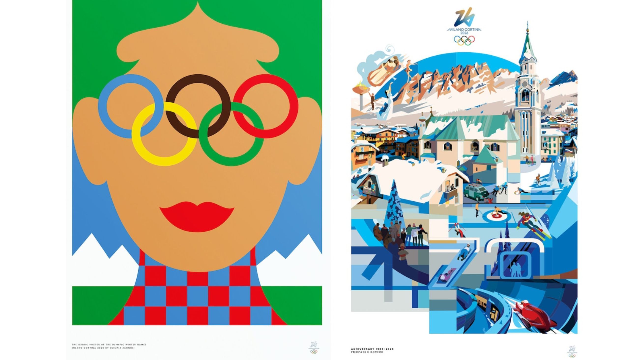 Visione Olimpica firmato da Olimpia Zagnoli; Anniversario Olimpiadi Milano Cortina 1956–2026 firmato da Pierpaolo Rovero 