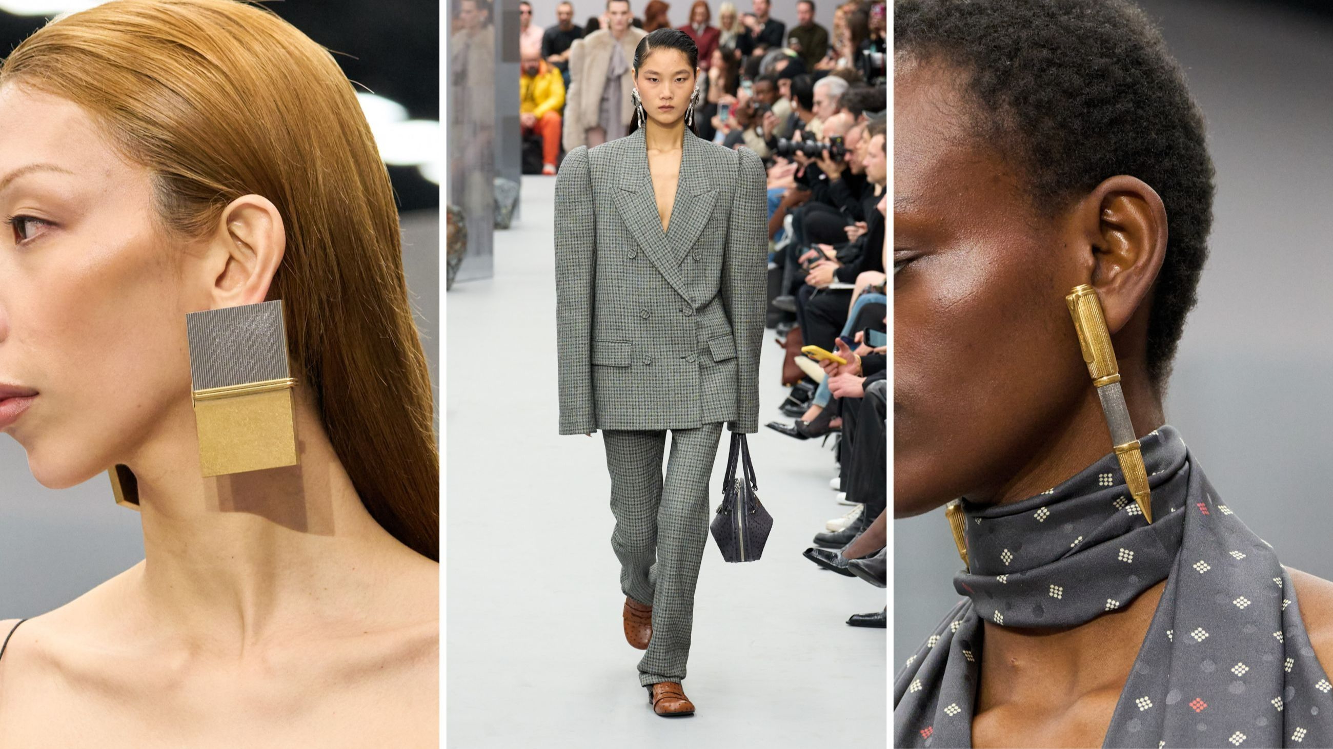 Da Acne Studios, per la collezione FW2526, gioielli ispirati alla cancelleria, come orecchini a forma di penne o che rimandano ai notepad, e look da ufficio con volumi ampi - Credits: Launchmetrics.com/Spotlight