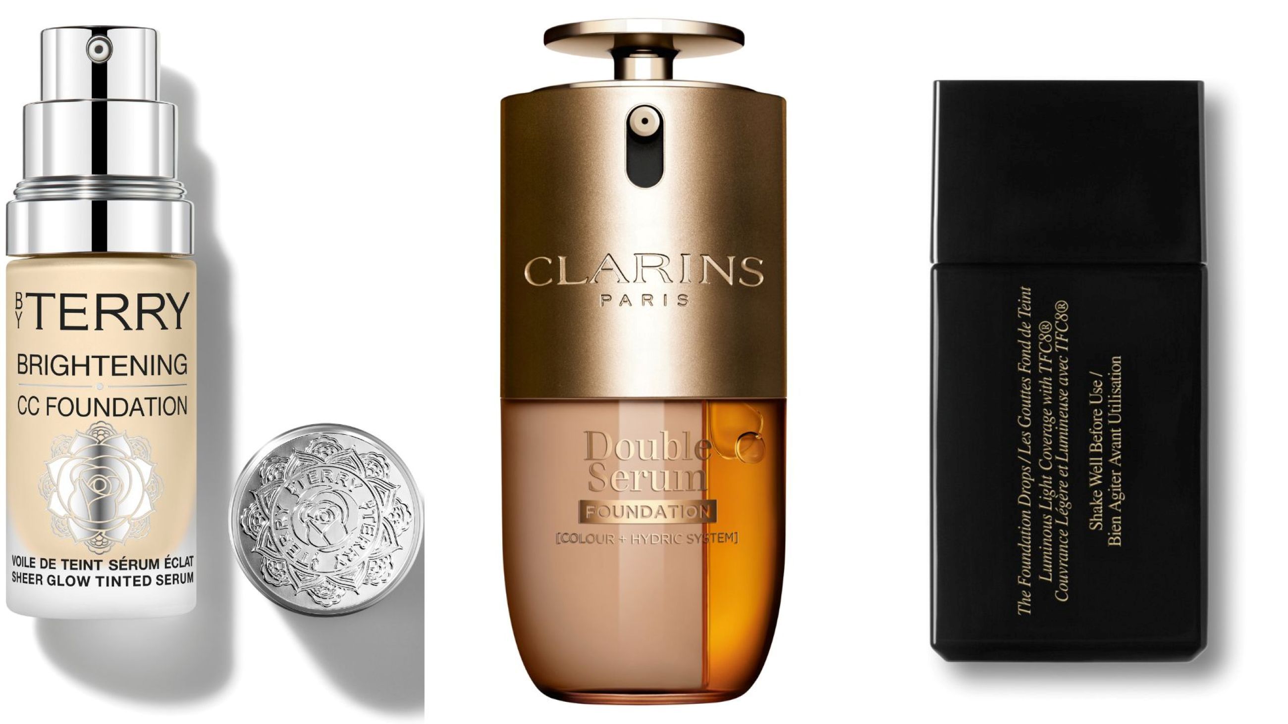 By Terry, Brightening CC Foundation; Clarins, Double Serum Foundation; Victoria Beckham Beauty, The Foundation Drops - Credits: Courtesy Press Office