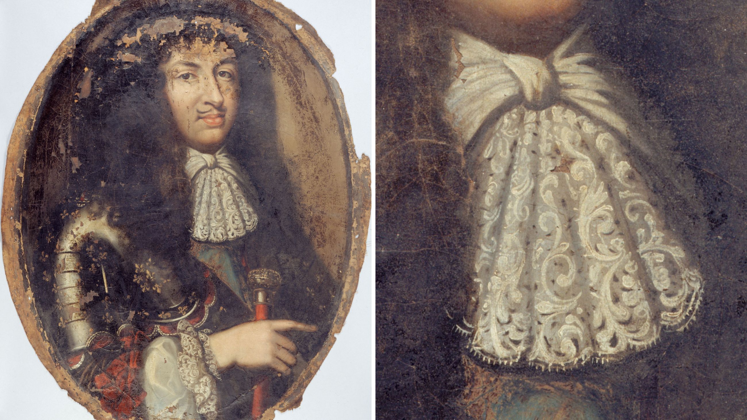 Ritratto di Louis XIV (1638-1715), Re di Francia, in cui si può notare, soprattutto nel dettaglio messo in risalto, il fiocco della camicia allacciato sotto il mento; circa 1670; artista di scuola francese – Credits: Getty Images