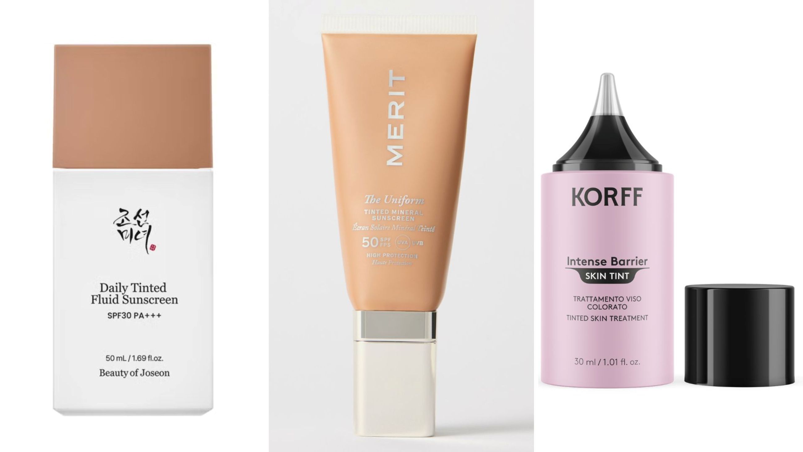 Beauty of Joseon, Daily Tinted Fluid Sunscreen; MERIT Beauty, The Uniform Tinted SPF; Korff, Intense Barrier Skin Tint SPF30 - Credits: Courtesy Press Office