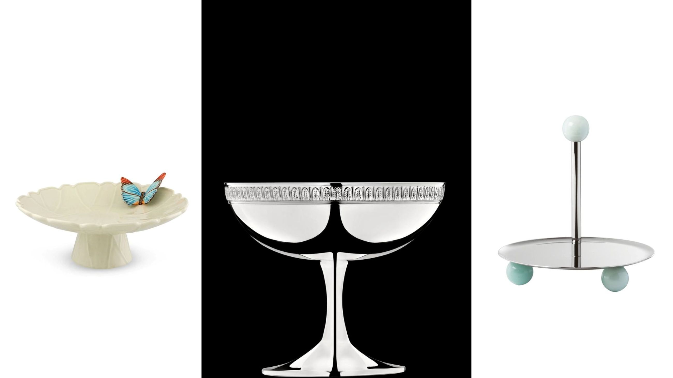 Alzata Penelope, Sambonet; Malmaison Bowl on Foot, Christofle; Cloudy Butterflies Cake Stand, Bordallo Pinheiro - Courtesy Press Office 