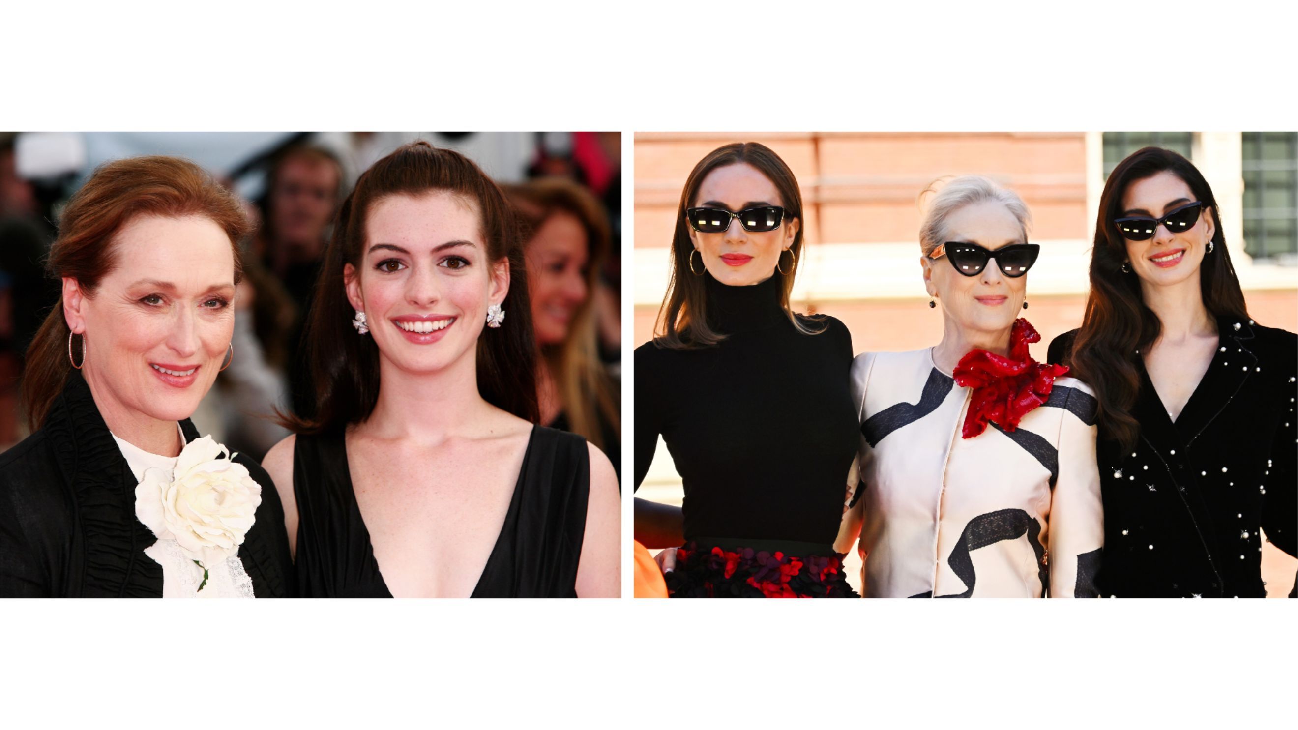 Da sinistra: Le attrici Meryl Streep (a sinistra) e Anne Hathaway arrivano alla prima di Il diavolo veste Prada al 32º Festival del Cinema Americano di Deauville il 9 settembre 2006 a Deauville, Francia; Emily Blunt, Meryl Streep e Anne Hathaway partecipano al Photocall di Londra per "Il diavolo veste Prada 2" al V&A il 24 aprile 2026 a Londra, Inghilterra - Credits Getty Images