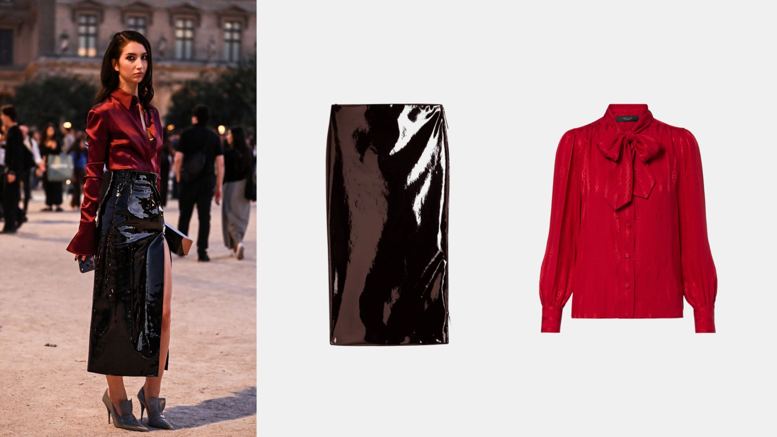 Da sinistra: Credits Getty Images; Gonna The Frankie Shop; Camicia Gucci