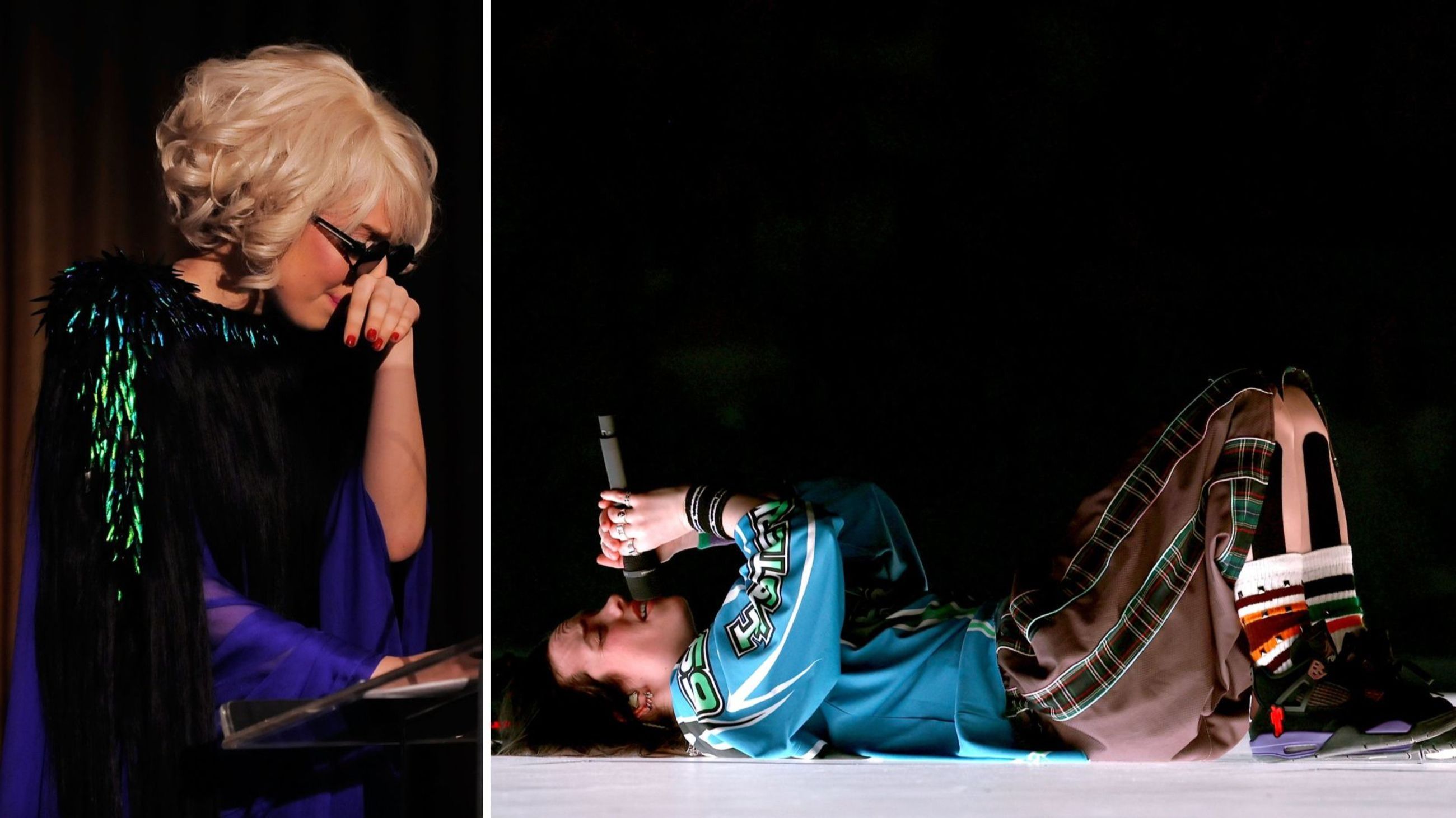 La musicista Lady Gaga piange mentre riceve il premio “Rising Star” di Billboard durante il 4º evento annuale Women In Music di Billboard al The Pierre Hotel il 2 ottobre 2009 a New York City; Billie Eilish si esibisce sul palco durante “Hit Me Hard And Soft: The Tour” al Kaseya Center il 9 ottobre 2025 a Miami, Florida - Credits: Getty Images