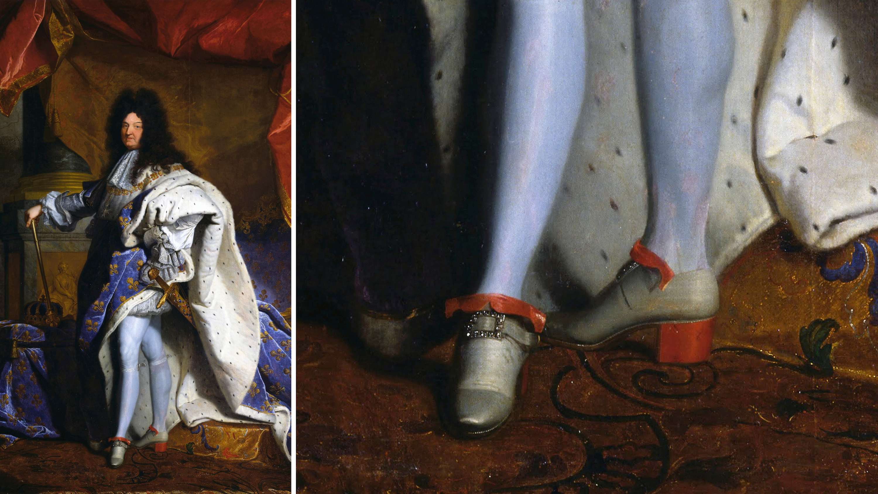Luigi XIV, chiamato anche Re Sole, con un abito sfarzoso e la scarpe con fiocchetti decorativi; 1710
Credits: Getty Images