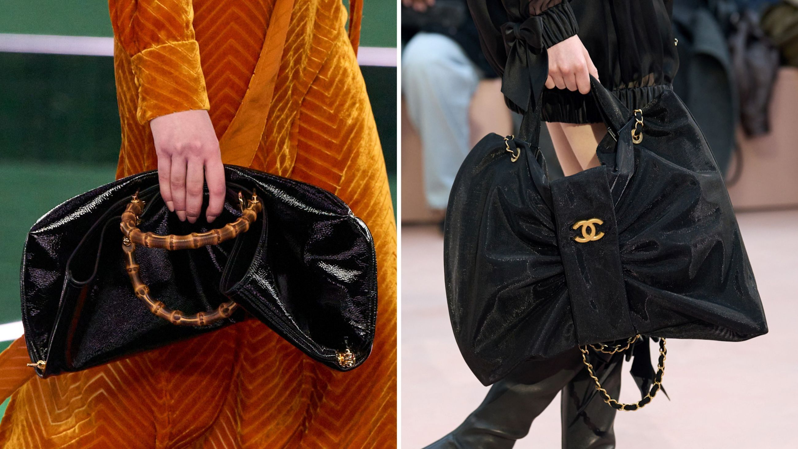 A sinistra, una borsa da portare “a mano” a forma di fiocco di Chanel; a destra un modello allungato e lucido di Gucci - Credits: Launchmetrics.com/Spotlight