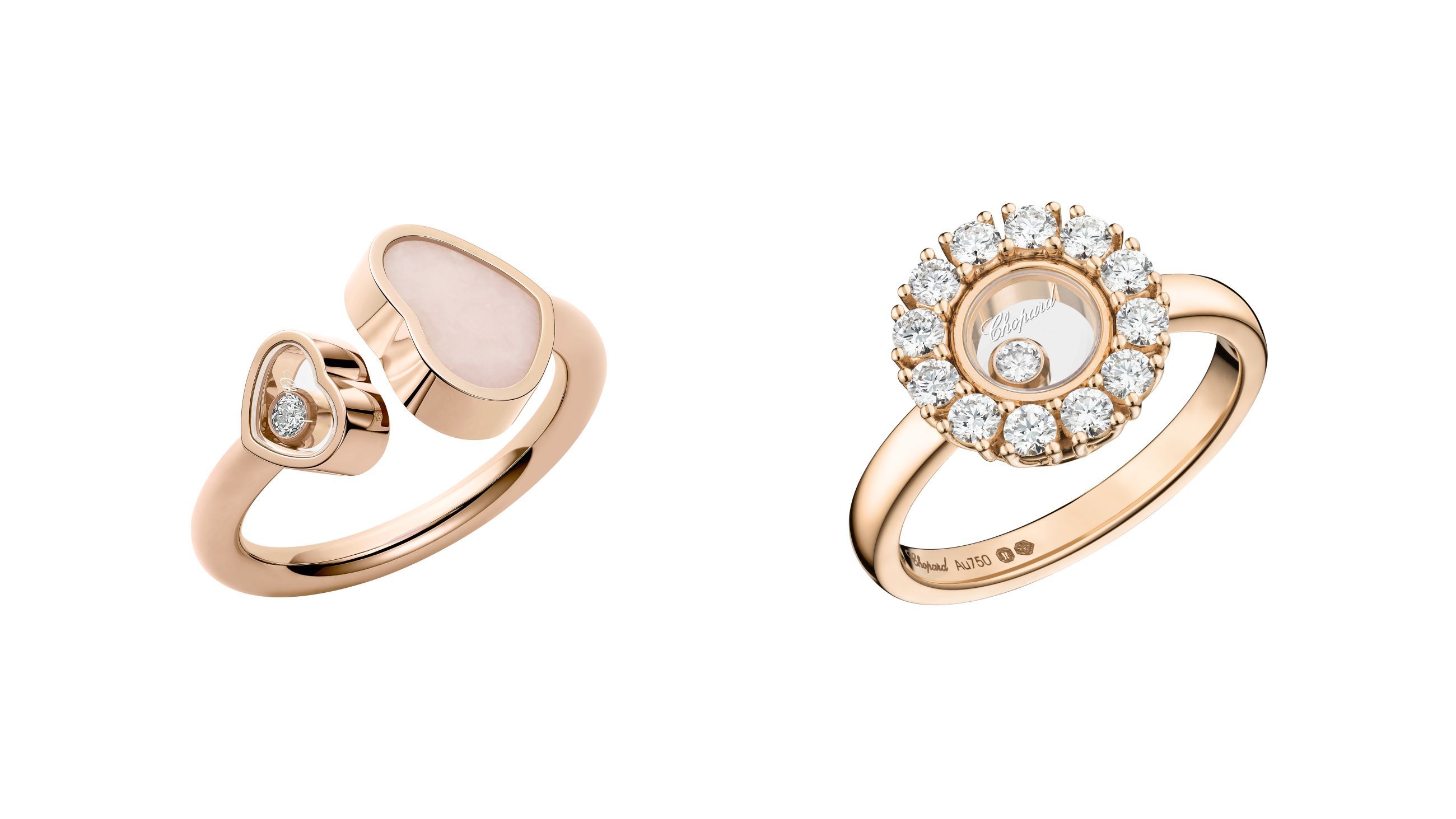 A sinistra l’anello Happy Hearts in oro rosa etico, diamanti e madreperla e, a destra, la creazione Happy Diamonds in oro rosa etico e diamanti - Credits: Ufficio Stampa