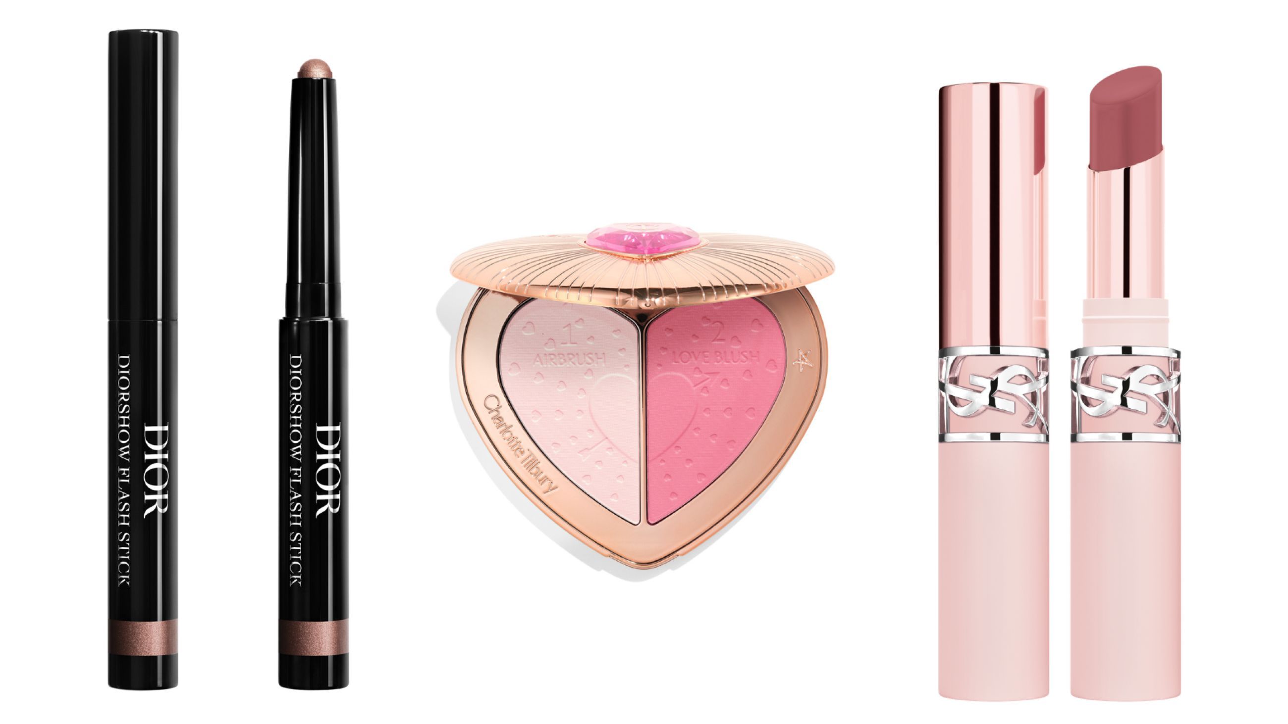 Da sinistra: Dior, Diorshow Flash Stick; Charlotte Tilbury, Beauty Soulmates Face Palette; YSL, Lovenude Lip Blusher - Courtesy Press Office
