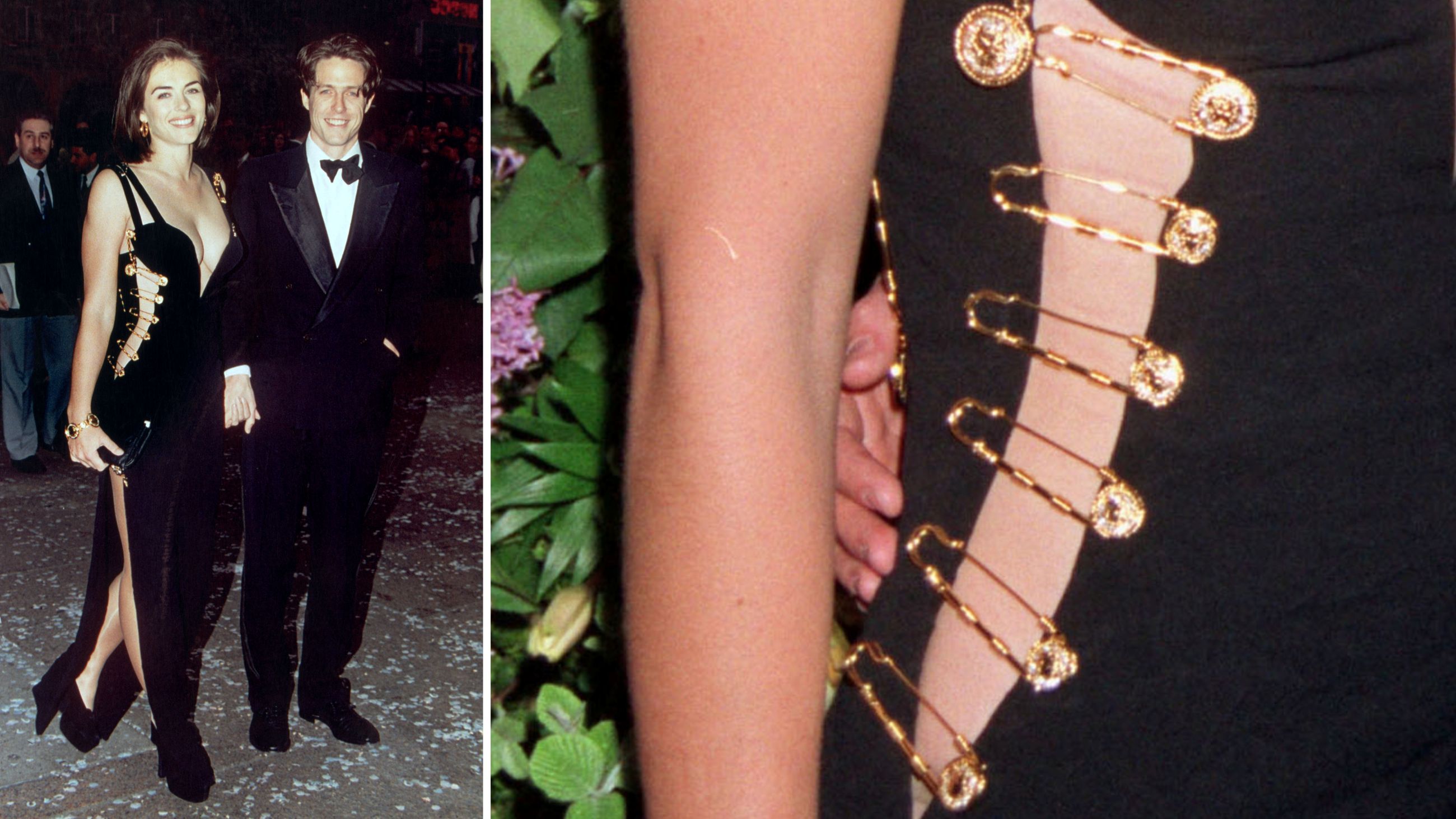 L’attrice inglese Elizabeth Hurley insieme al fidanzato Hugh Grant sul red carpet del film Quattro matrimoni e un funerale l’11 maggio 1994; Credits: Getty Images