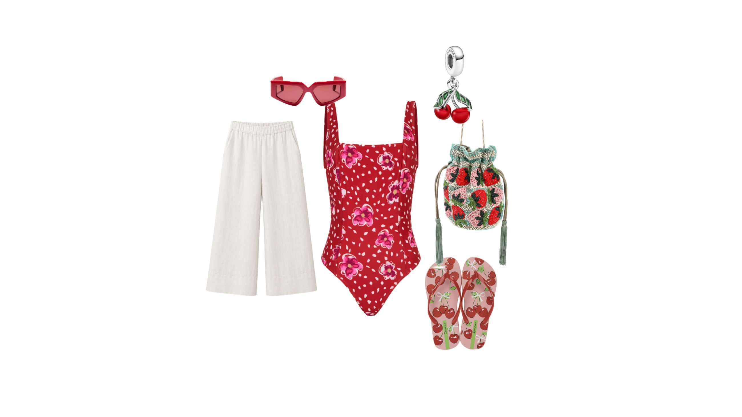 Costume Rouje, pantaloni Martino Midali, infradito Ipanema, pouch bag Bijoux Brigitte, occhiali da sole Valentino Garavani, charm Pandora 