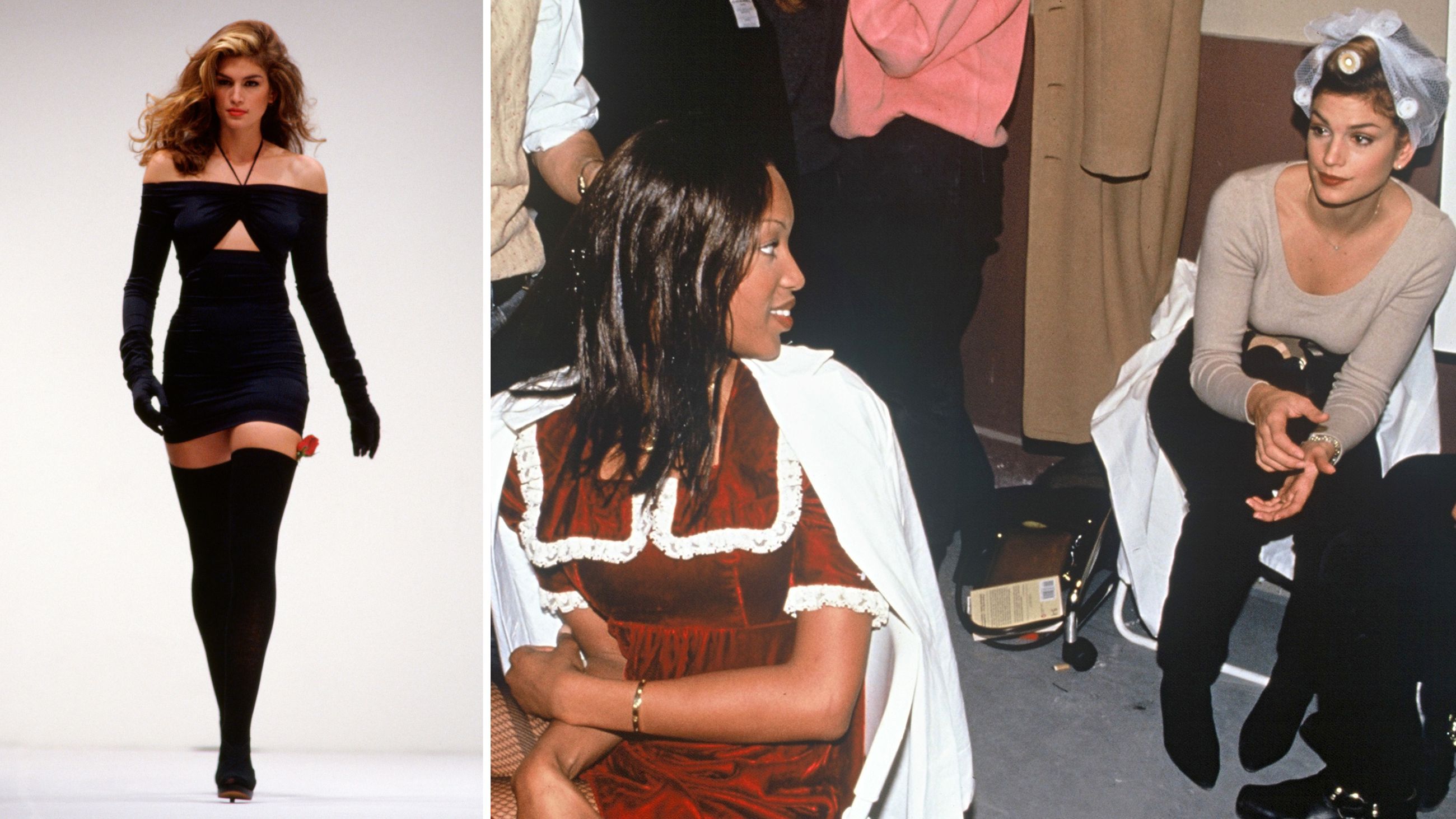 A sinistra, Cindy Crawford calca le passerelle per Dolce&Gabbana, 1991; a destra, la top model parla con Noami Campbell, altra supermodella simbolo del mondo della moda, nel backstage della sfilata di Chanel, 1993 - Credits: Getty Images