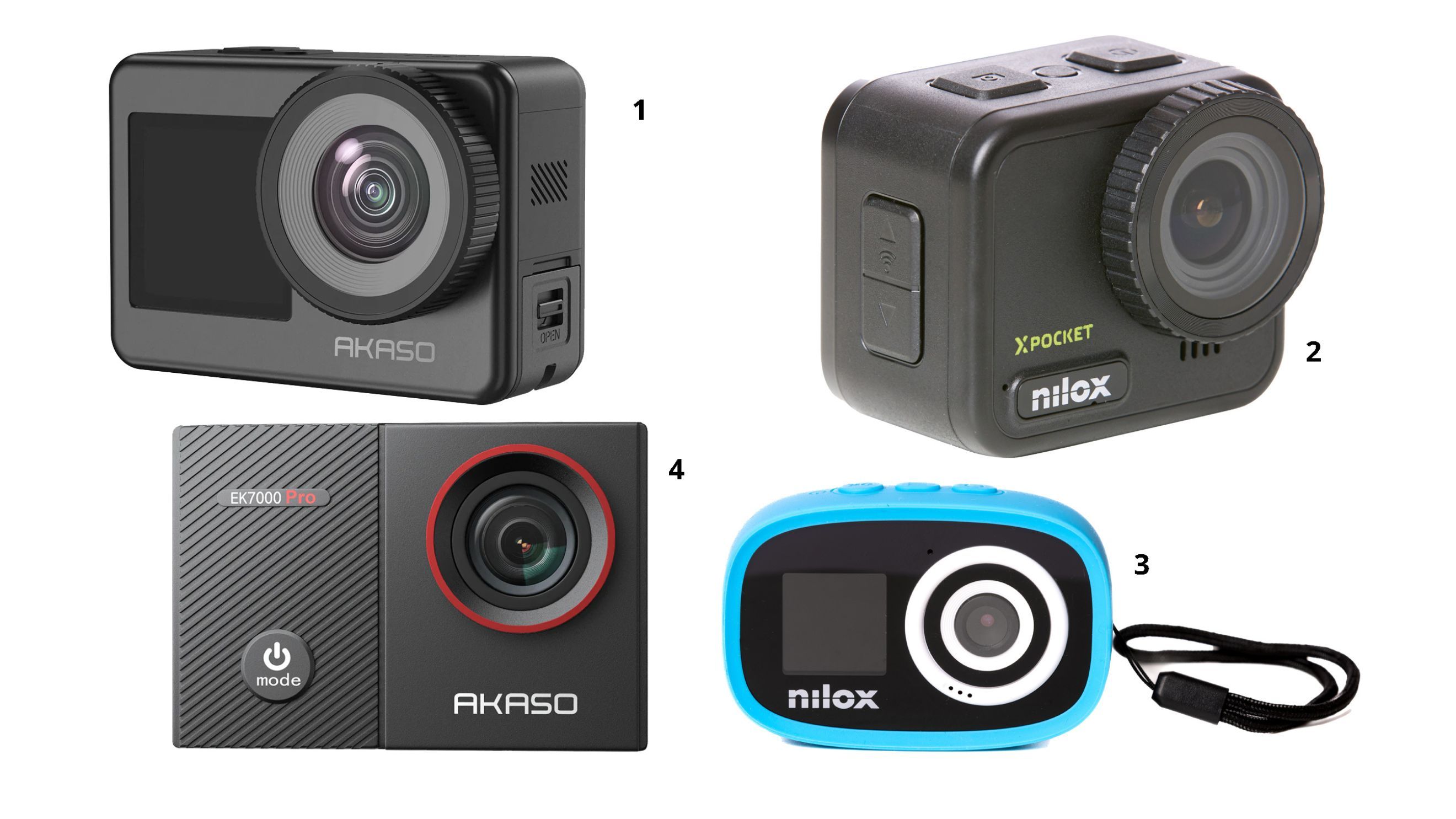 1. Akaso EK7000 Pro; 2. Nilox Xpocket; 3. Nilox Kidscamera; 4. Akaso Brave 7 - Crediti: M. Dall’Ava 
