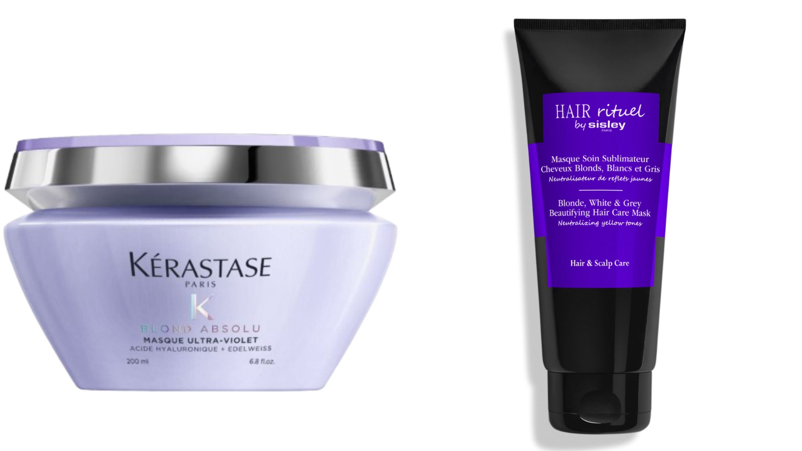 Da sinistra: Kérastase, Blond Absolu Masque Ultra-Violet ; Sisley Paris, Masque Soin Sublimateur Cheveux Blonds, Blancs et Gris - Courtesy Brand/Press Office