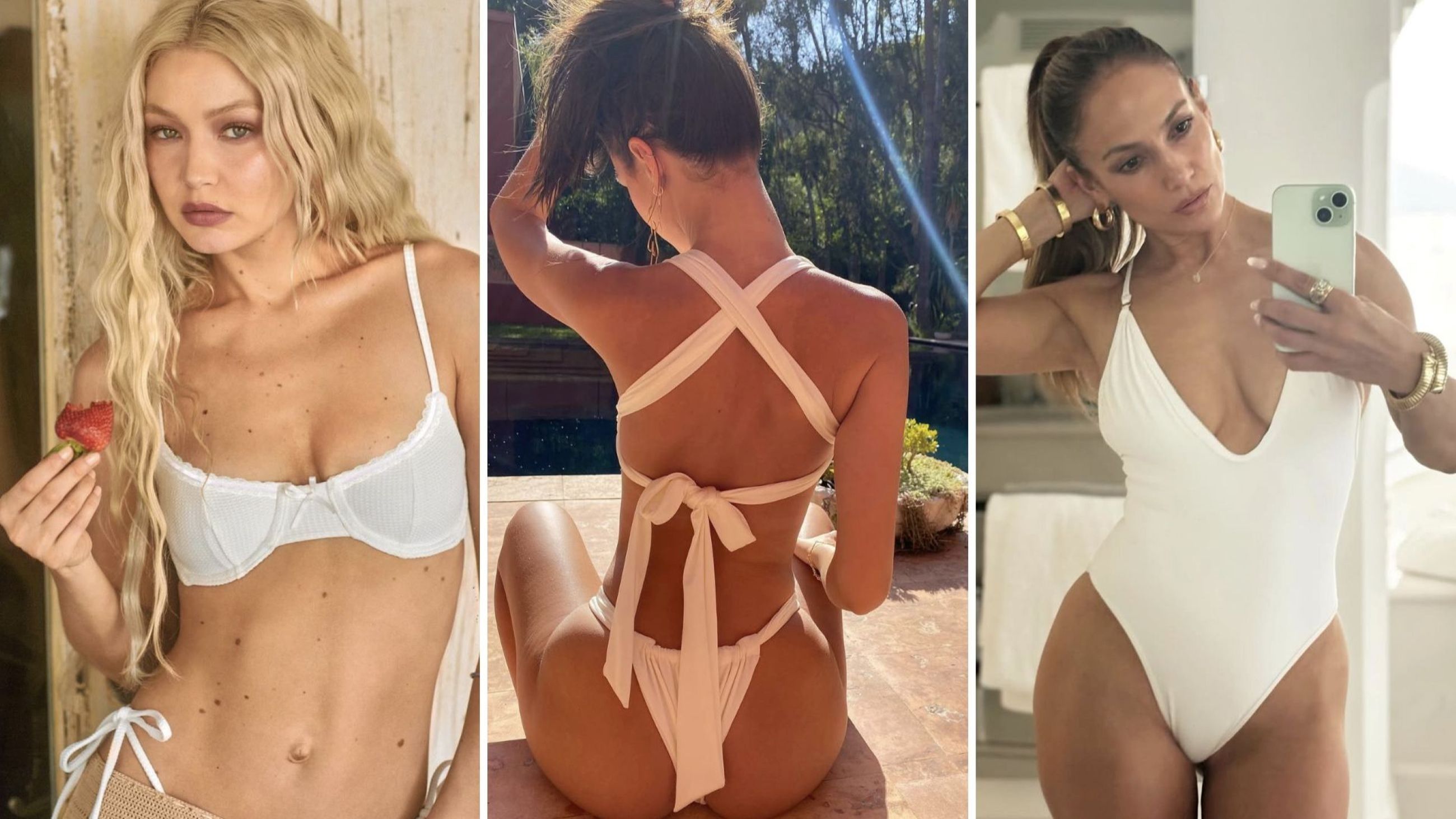 Da sinistra, Jennifer Lopez, Emily Ratajkowski, Gigi Hadid – foto tratte dal loro profilo Instagram